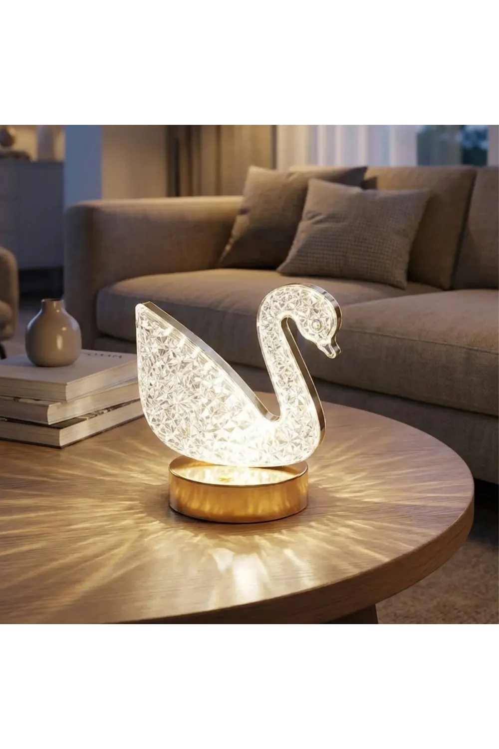 Kuğu Model Kristal LED Masa Lambası – Dokunmatik, 3 Renk Işık Modlu, Şarjlı Mini Dekoratif Gece Lambası