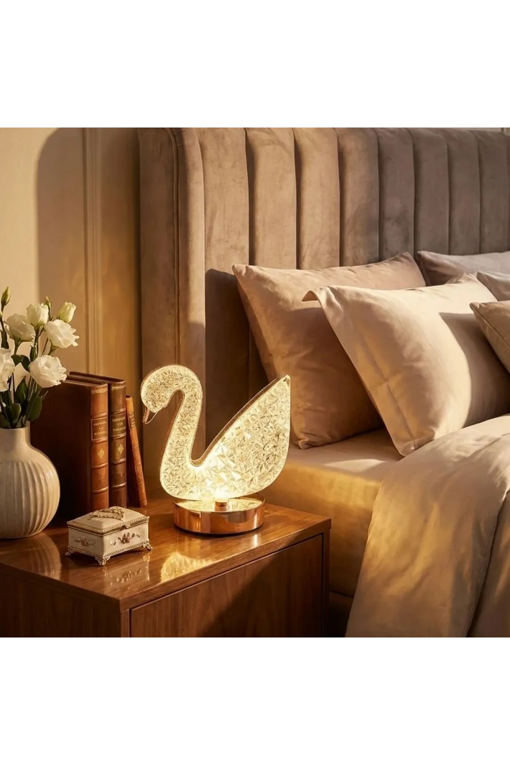 Kuğu Model Kristal LED Masa Lambası – Dokunmatik, 3 Renk Işık Modlu, Şarjlı Mini Dekoratif Gece Lambası