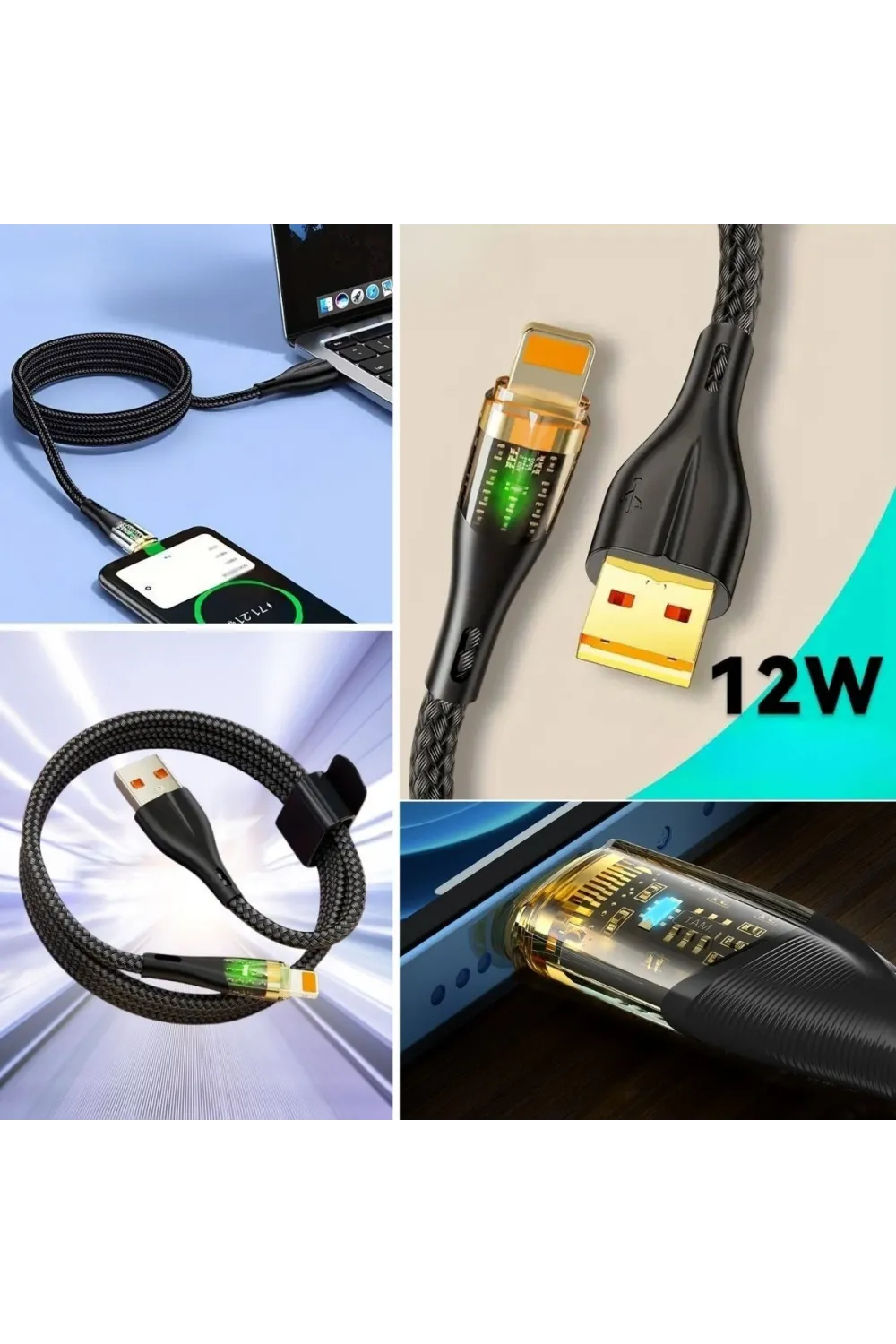 Led Işık Uçlu Sağlam İp Kablolu USB to Lightning Hızlı Şarj Kablosu