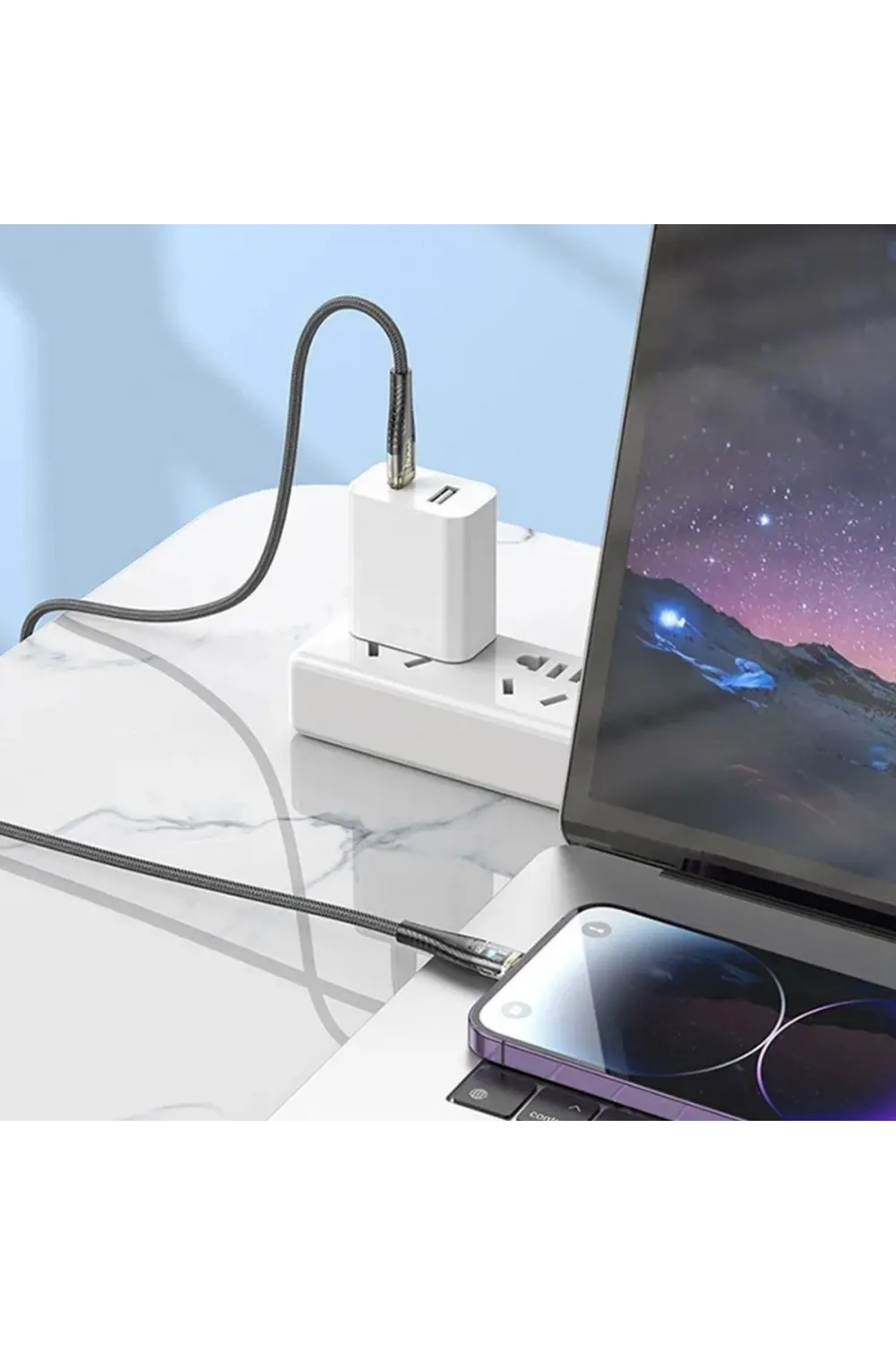 Led Işık Uçlu Sağlam İp Kablolu USB to Lightning Hızlı Şarj Kablosu