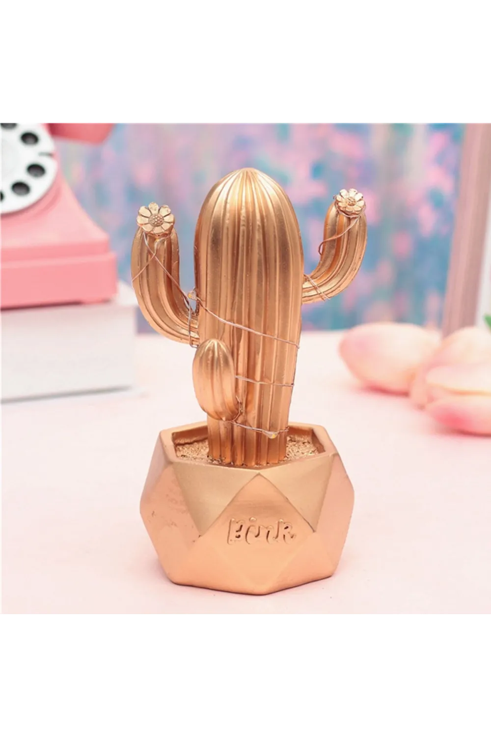 Led Işıklı Sevimli Kaktüs Dekoratif Masa Lambası Mini Biblo Gece Lambası-GOLD