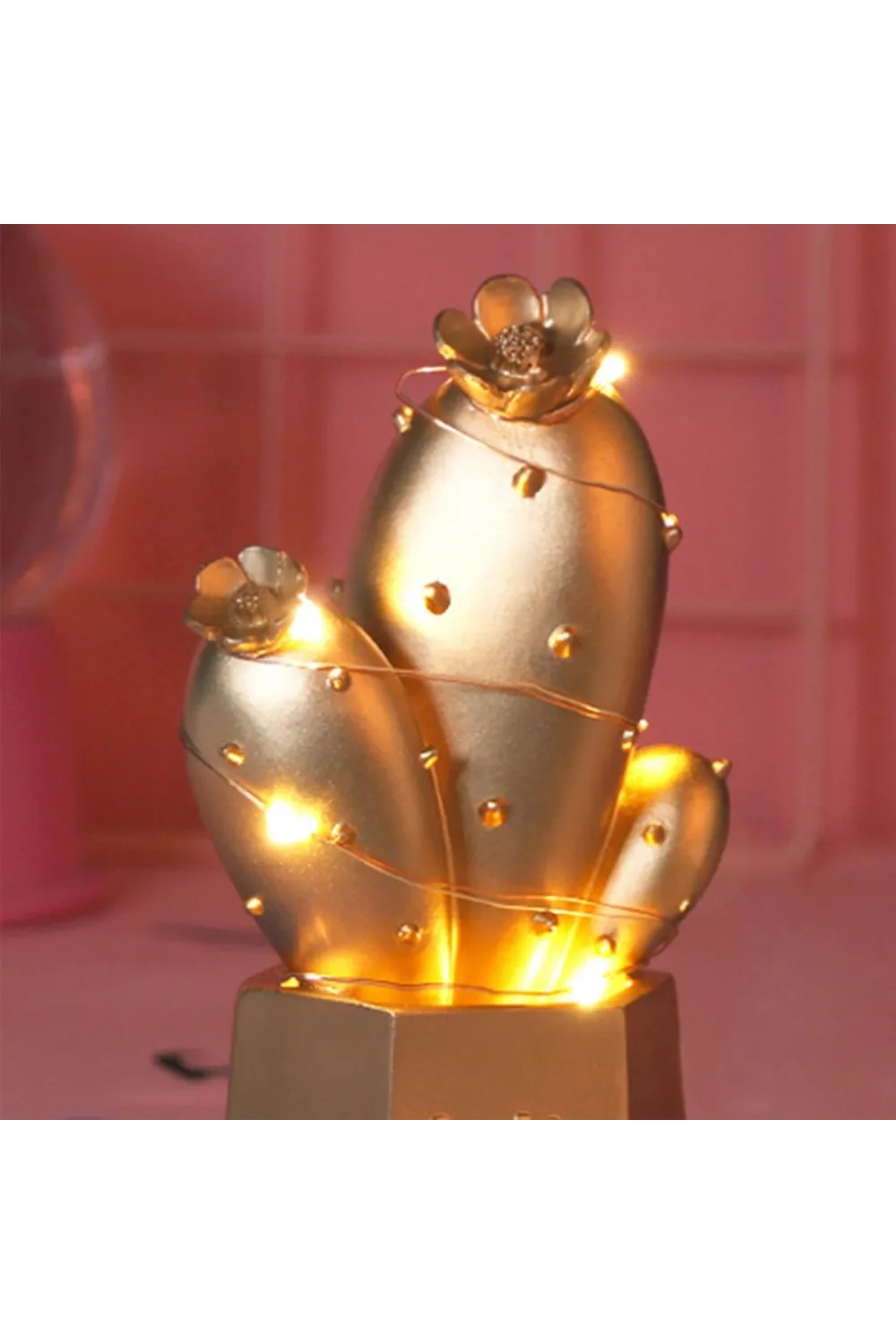 Led Işıklı Sevimli Kaktüs Dekoratif Masa Lambası Mini Biblo Gece Lambası Gold