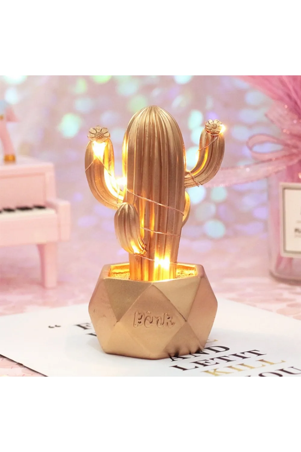 Led Işıklı Sevimli Kaktüs Dekoratif Masa Lambası Mini Biblo Gece Lambası-GOLD