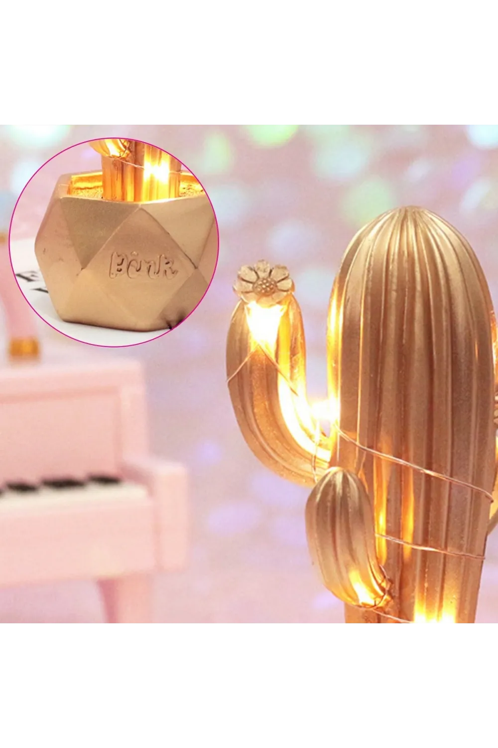 Led Işıklı Sevimli Kaktüs Dekoratif Masa Lambası Mini Biblo Gece Lambası-GOLD
