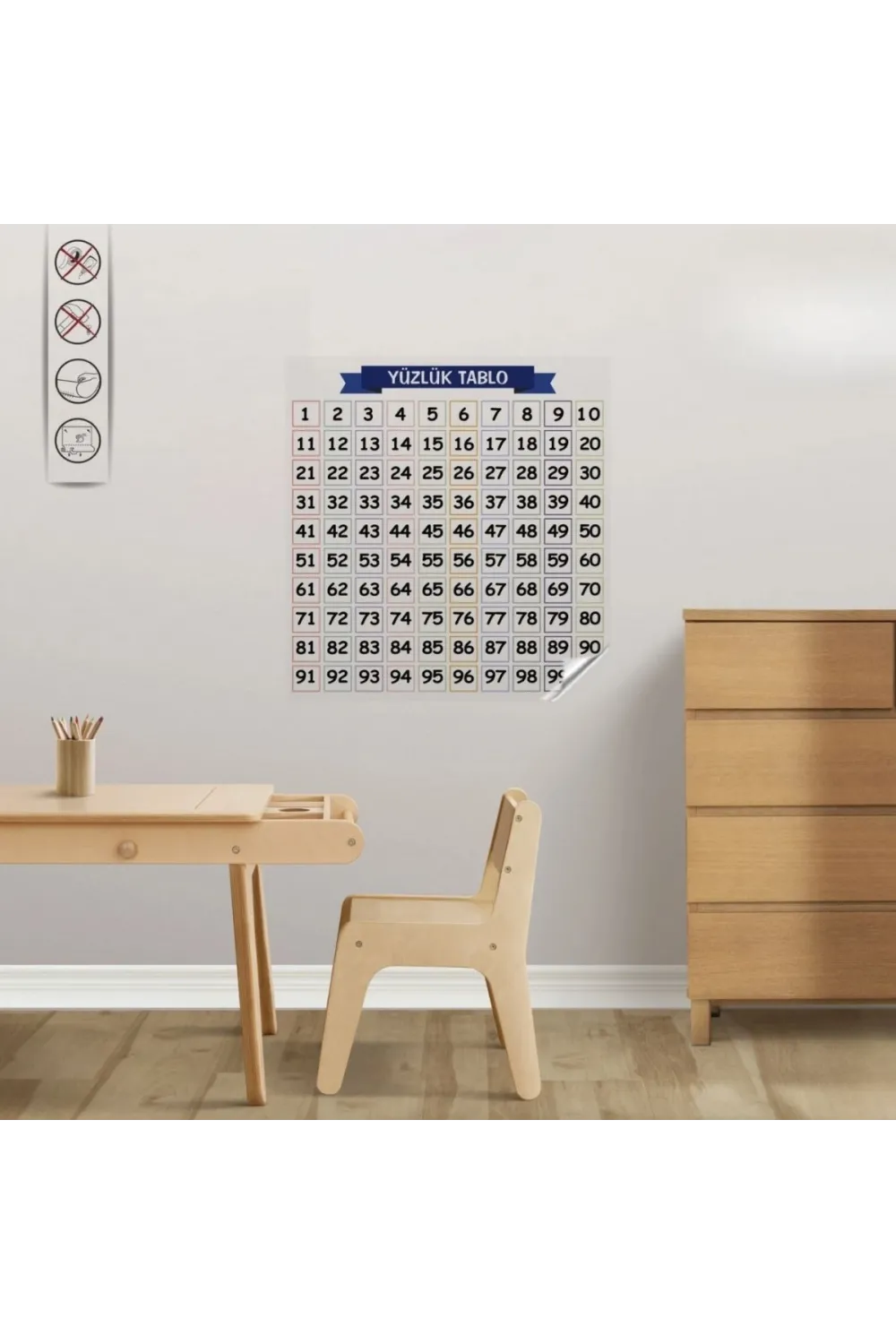Matematik Öğreten Yüzlük Tablo Duvarda İz Bırakmaz Akıllı Kağıt Yapışkansız Statik  60x60 cm
