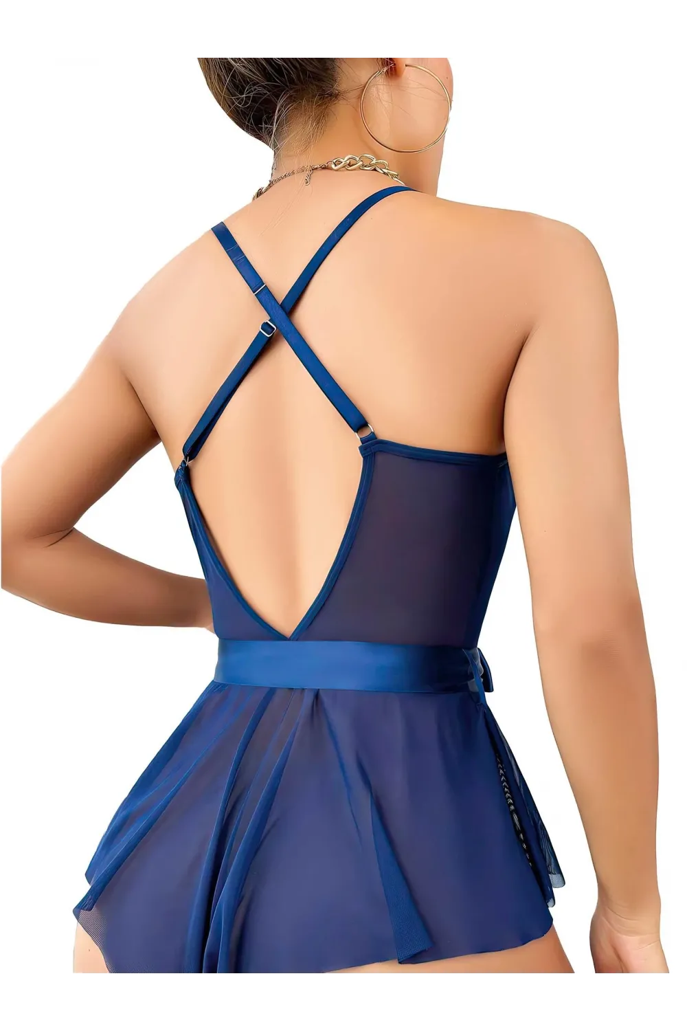 Mavi Dantel İşlemeli Kurdelalı Fantezi Tül Babydoll
