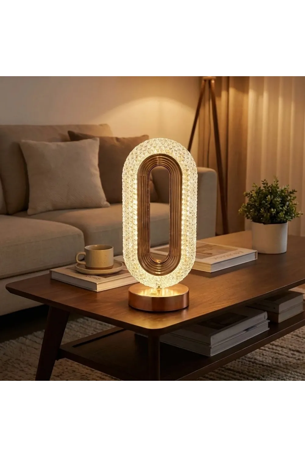 Oval Şeklinde Kristal LED Masa Lambası – Dokunmatik, 3 Renk Işık Modlu, Şarjlı Dekoratif Gece Lambası