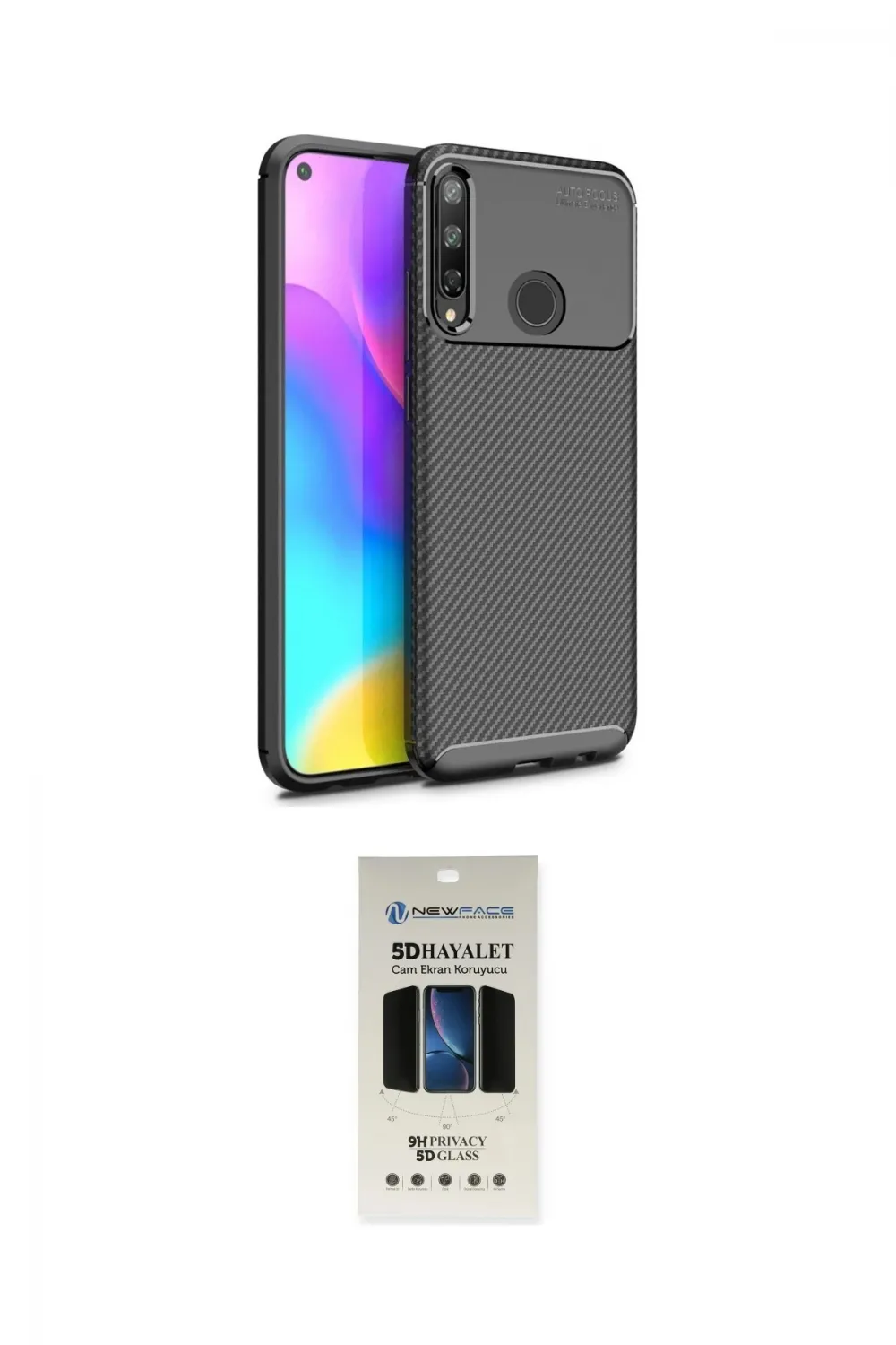ieg™ P40 Lite E Kılıf Eksen Form Prime - Siyah 5D Hayalet Cam Ekran Koruyucu