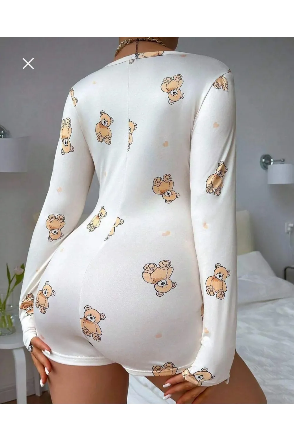 Pamuklu Beyaz Ayıcık Desenli Düğmeli Uzun Kol Tulum Pijama