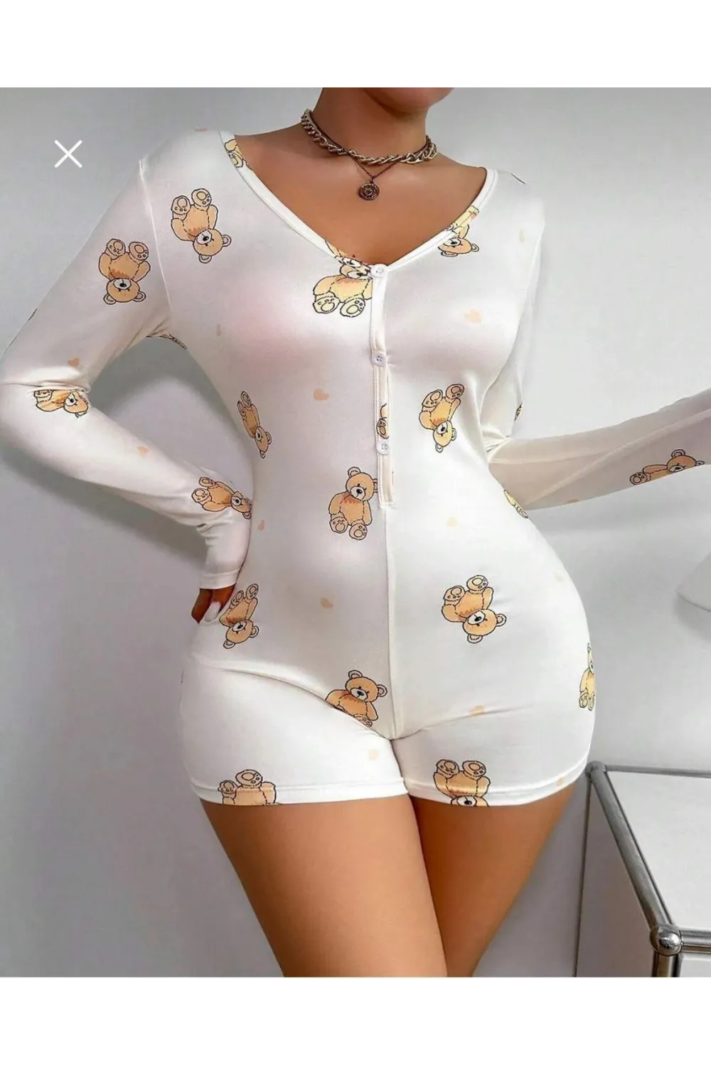 Pamuklu Beyaz Ayıcık Desenli Düğmeli Uzun Kol Tulum Pijama