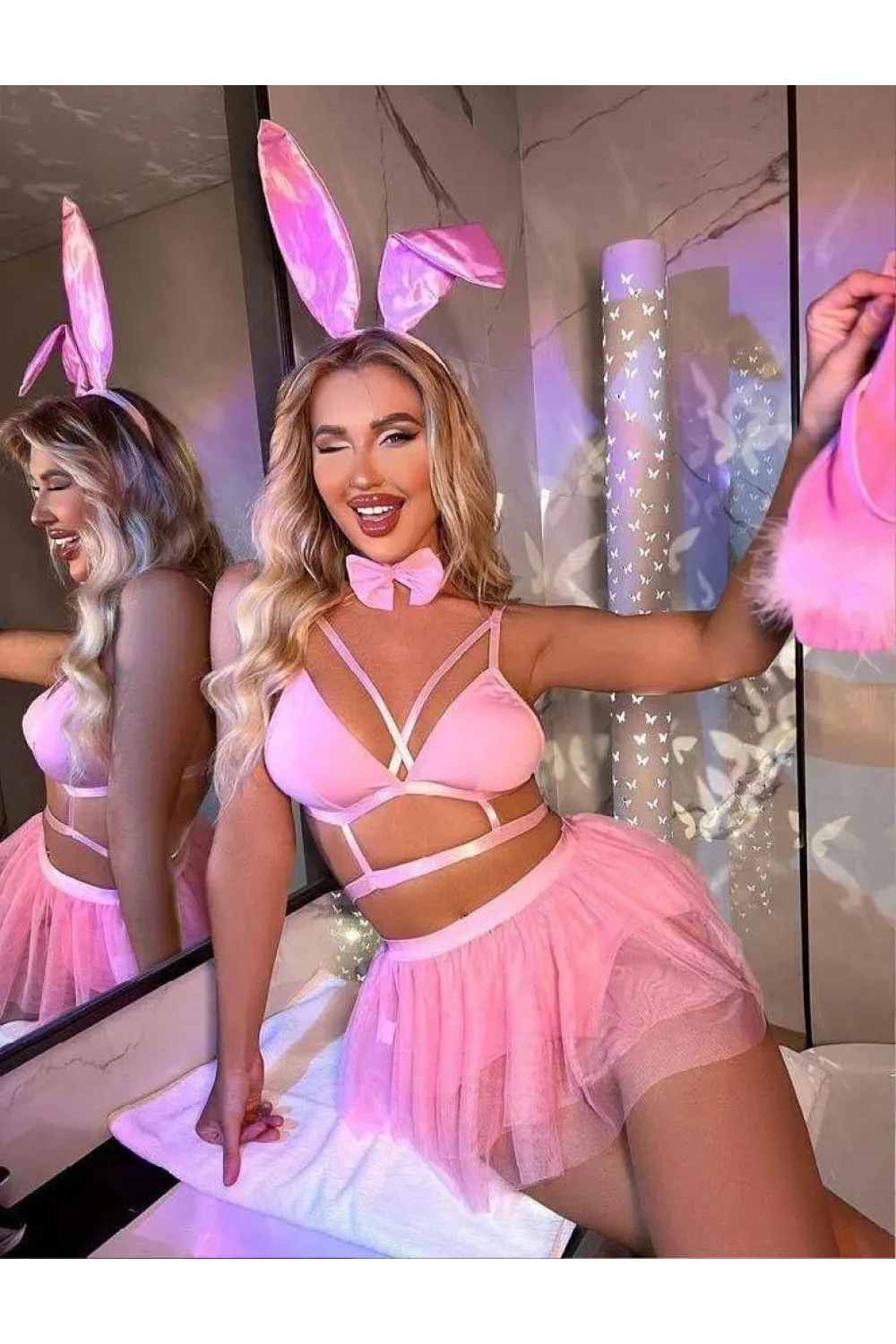 Pembe Tütü Etekli Fantezi Tavşan Kostümü