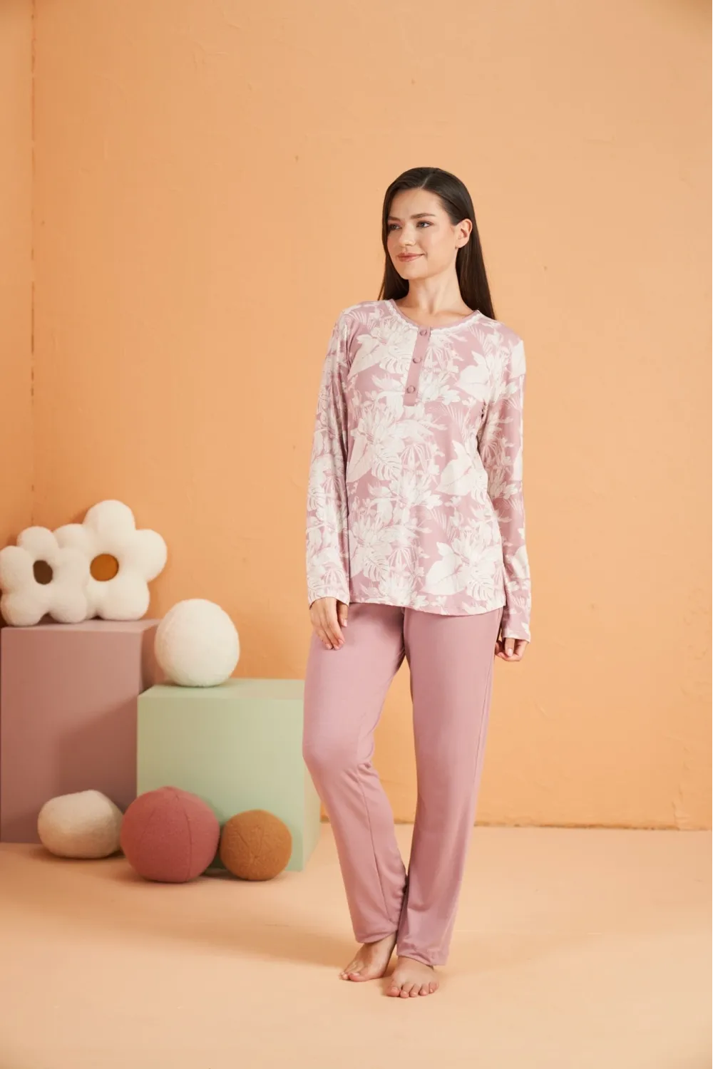ieg™ PJS 28016 Kadın Uzun Kol Yarı Patlı Desenli Pijama Takım