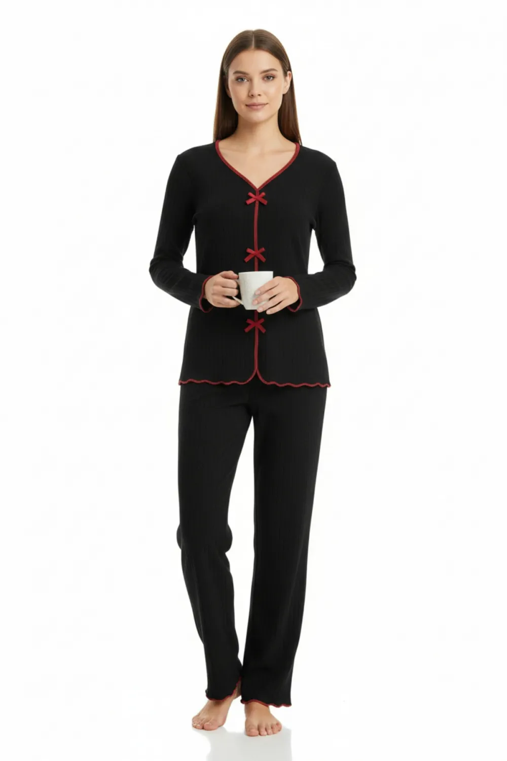 ieg™ Premium Kadın 4’lü Fitilli Set – Siyah Kırmızı Biyeli (Pijama Üst, Pantolon, Bikini Takımı)