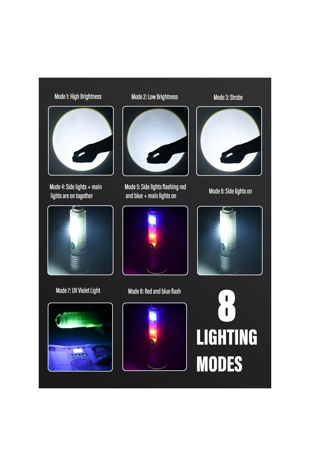 Profesyonel TG LED Güçlü 8 Modlu Type-C 1000 Lümen Şarjlı El Feneri