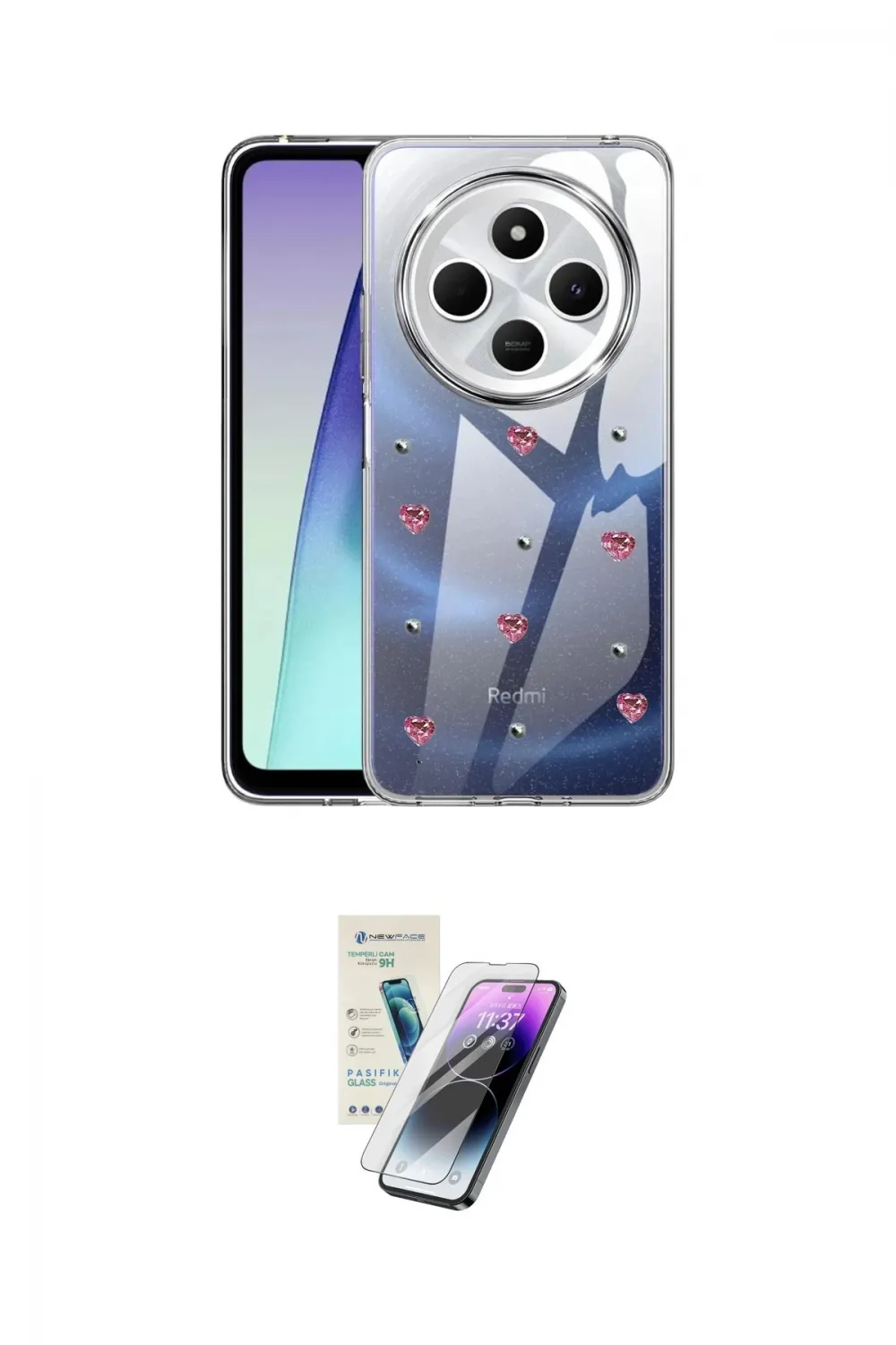 ieg™ Redmi 14C Kılıf Yörünge Form - Şeffaf Pasifik Cam Ekran Koruyucu