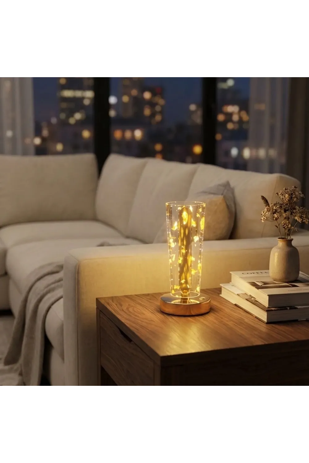 Silindirik Kristal Altın Toz Model LED Masa Lambası – Gold Tabanlı, Dokunmatik, 3 Renk Işık Modlu, Şarjlı Modern Dekoratif Gece Lambası