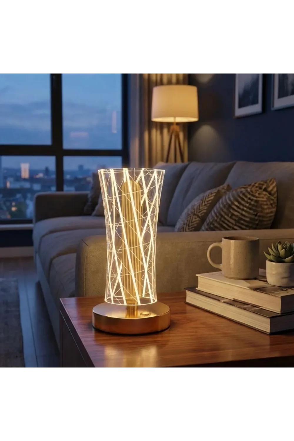 Silindirik Kristal Çizgi Model LED Masa Lambası – Gold Tabanlı, Dokunmatik, 3 Renk Işık Modlu, Şarjlı Modern Dekoratif Gece Lambası