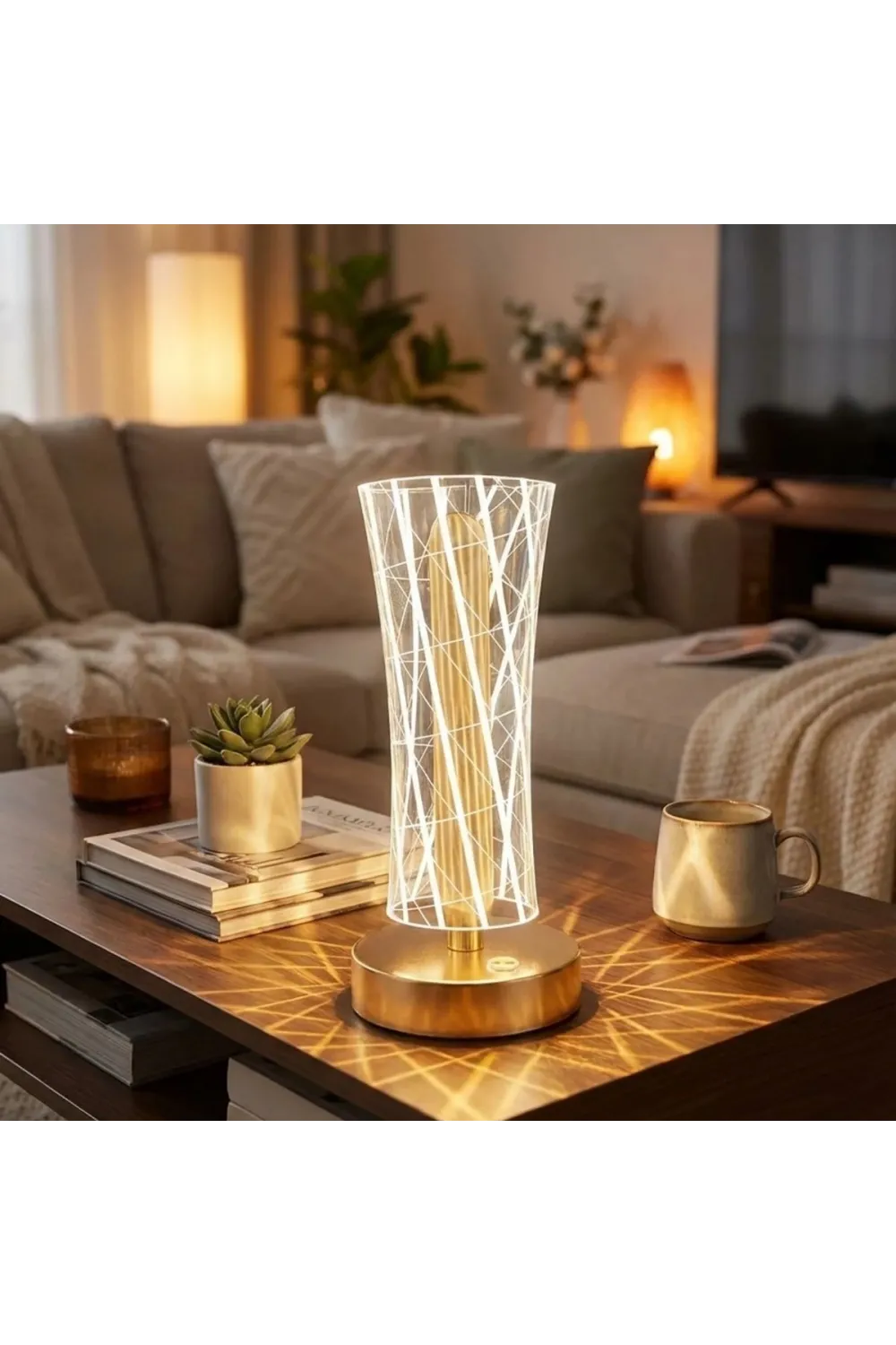 Silindirik Kristal Çizgi Model LED Masa Lambası – Gold Tabanlı, Dokunmatik, 3 Renk Işık Modlu, Şarjlı Modern Dekoratif Gece Lambası