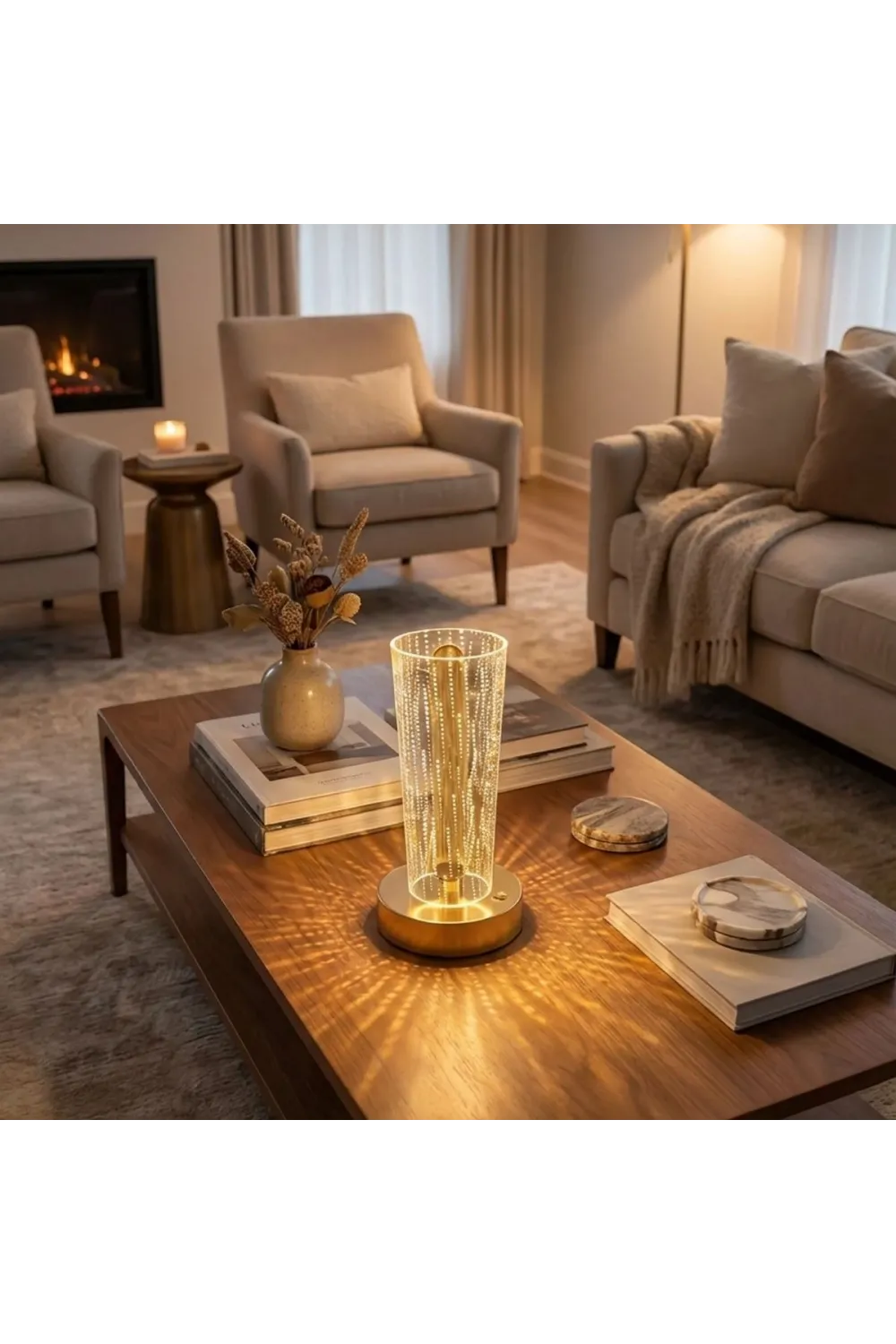 Silindirik Kristal Nokta Model LED Masa Lambası – Gold Tabanlı, Dokunmatik, 3 Renk Işık Modlu, Şarjlı Modern Dekoratif Gece Lambası