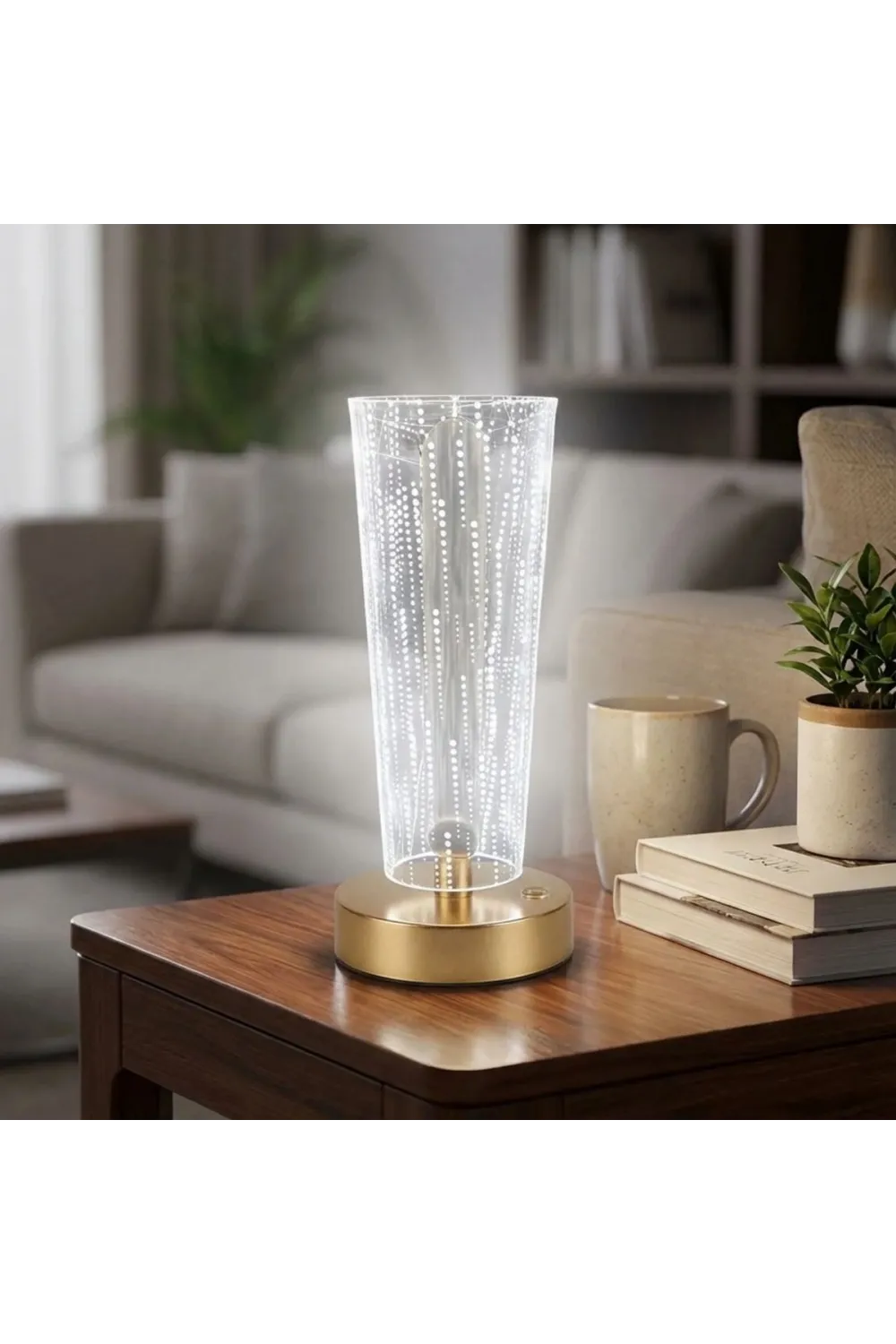 Silindirik Kristal Nokta Model LED Masa Lambası – Gold Tabanlı, Dokunmatik, 3 Renk Işık Modlu, Şarjlı Modern Dekoratif Gece Lambası