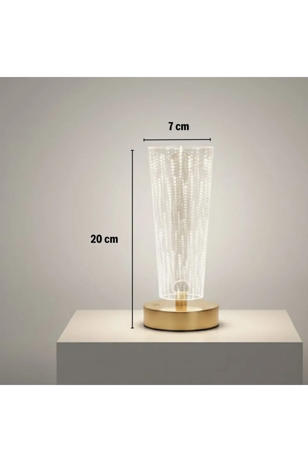 Silindirik Kristal Nokta Model LED Masa Lambası – Gold Tabanlı, Dokunmatik, 3 Renk Işık Modlu, Şarjlı Modern Dekoratif Gece Lambası