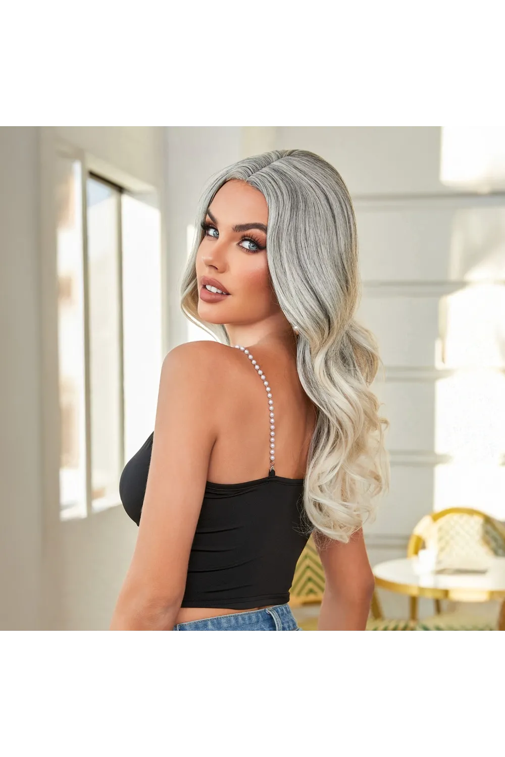 Siyah Beyaz Platin Ombre ve Röfleli Tül Peruk