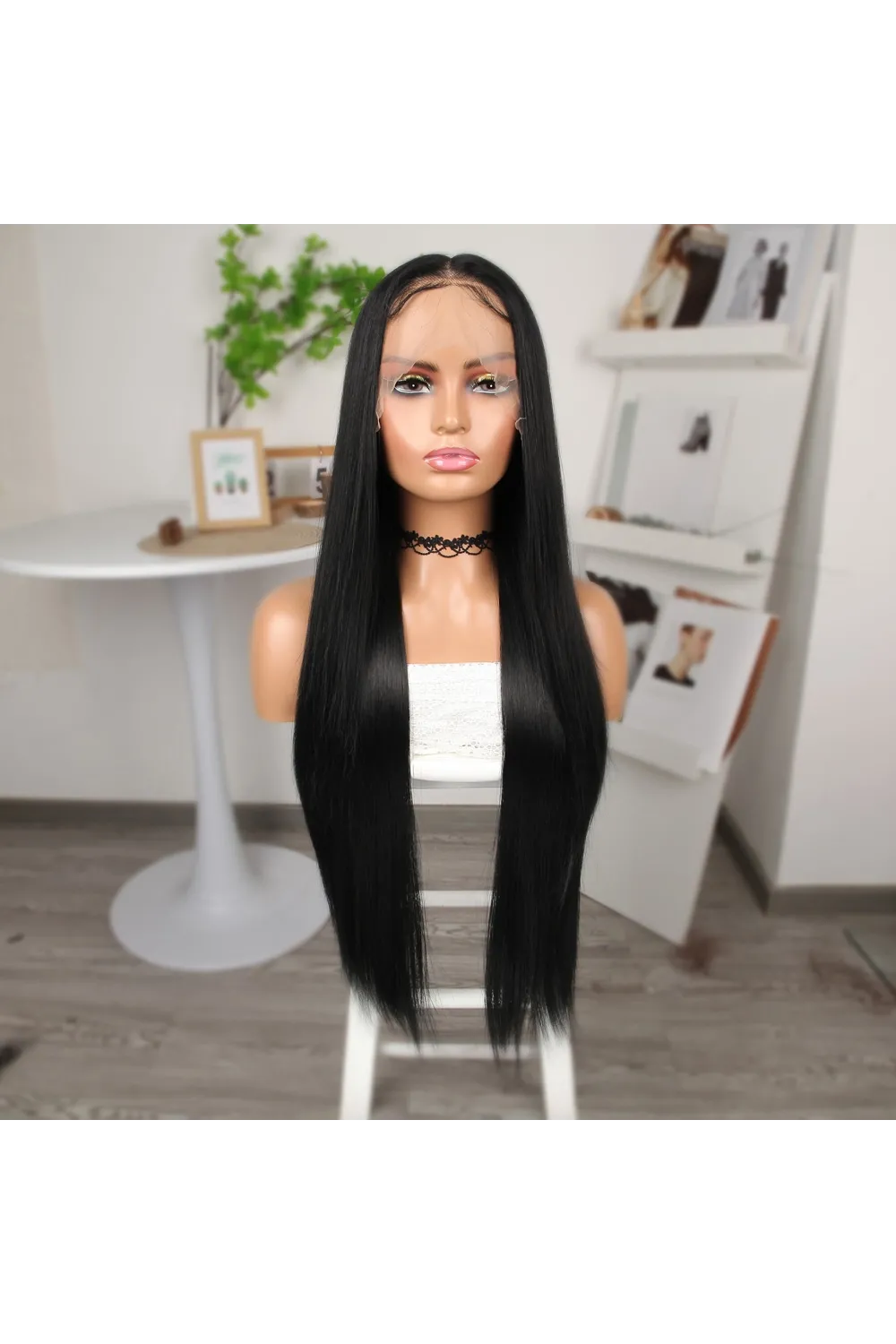 Siyah Ekstra Uzun Fiber Sentetik Düz Tül Peruk