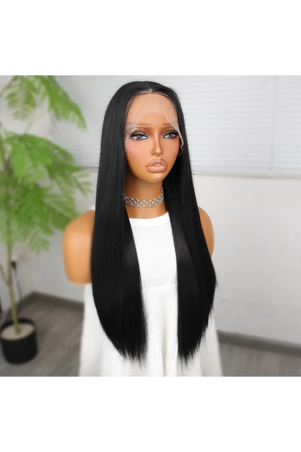 Siyah Fiber Sentetik Düz Tül Peruk