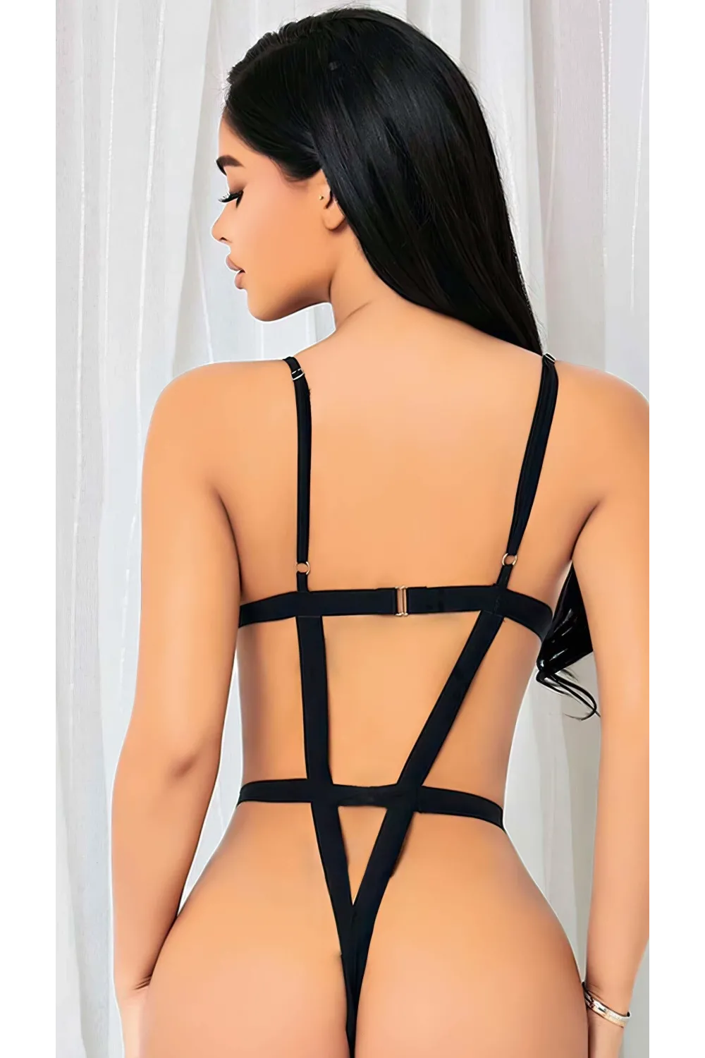 Siyah İp Detaylı Tül Fantezi Body