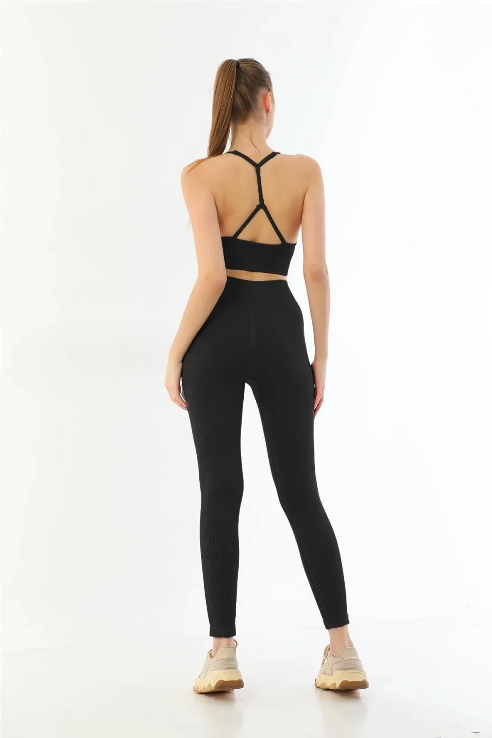 Siyah MI Emay 3921 Soft Seamless Ripli Tayt Yoga Takımı
