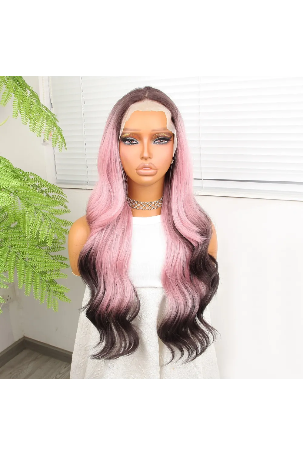 Siyah Pembe Ombre Fiber Sentetik Tül Peruk
