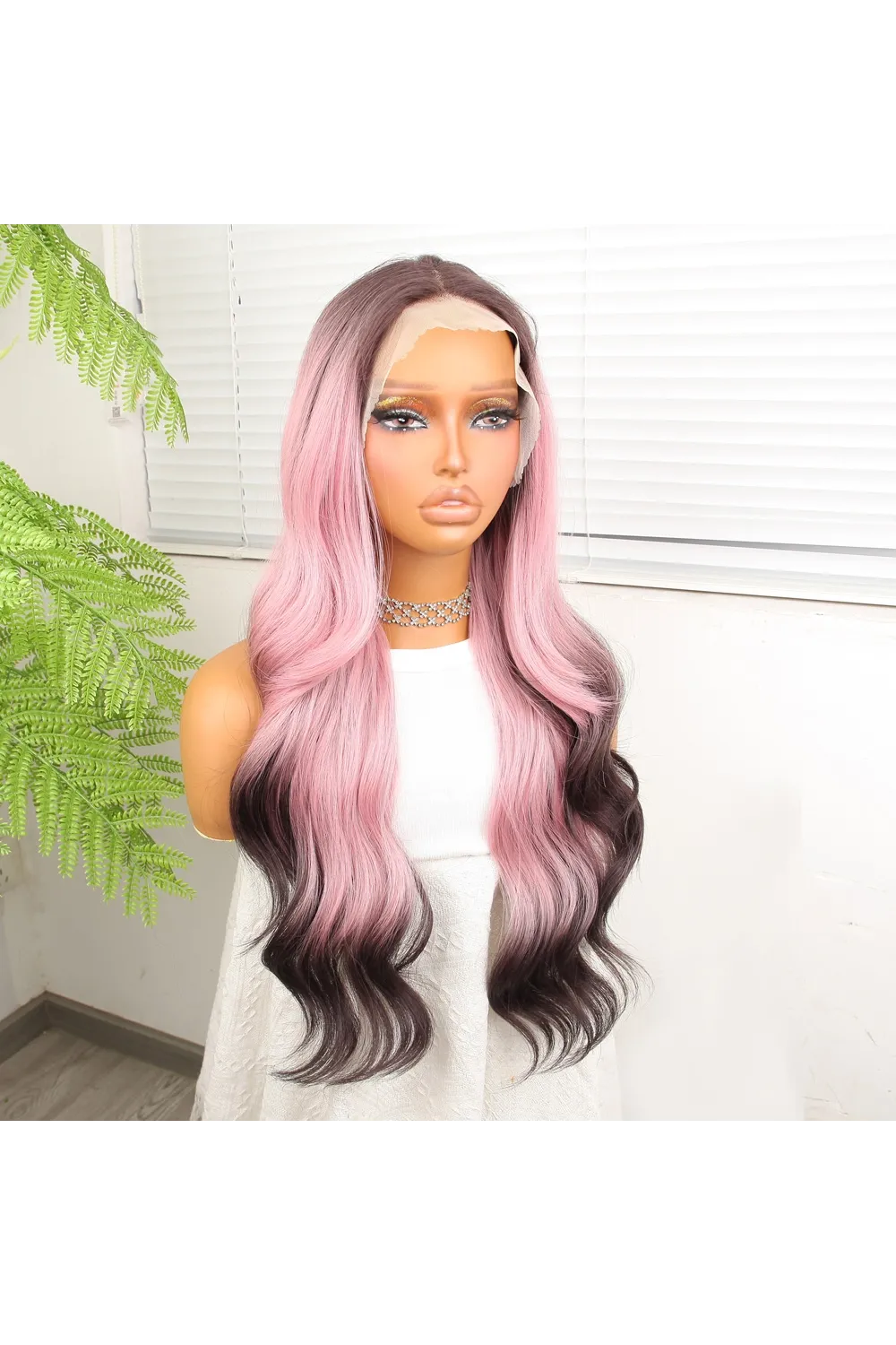 Siyah Pembe Ombre Fiber Sentetik Tül Peruk