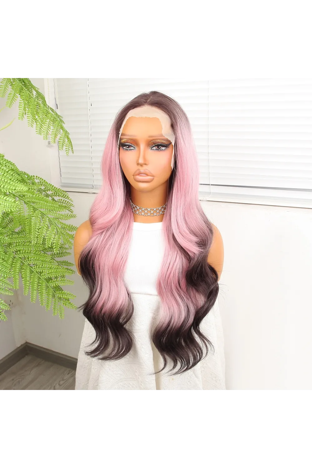 Siyah Pembe Ombre Fiber Sentetik Tül Peruk