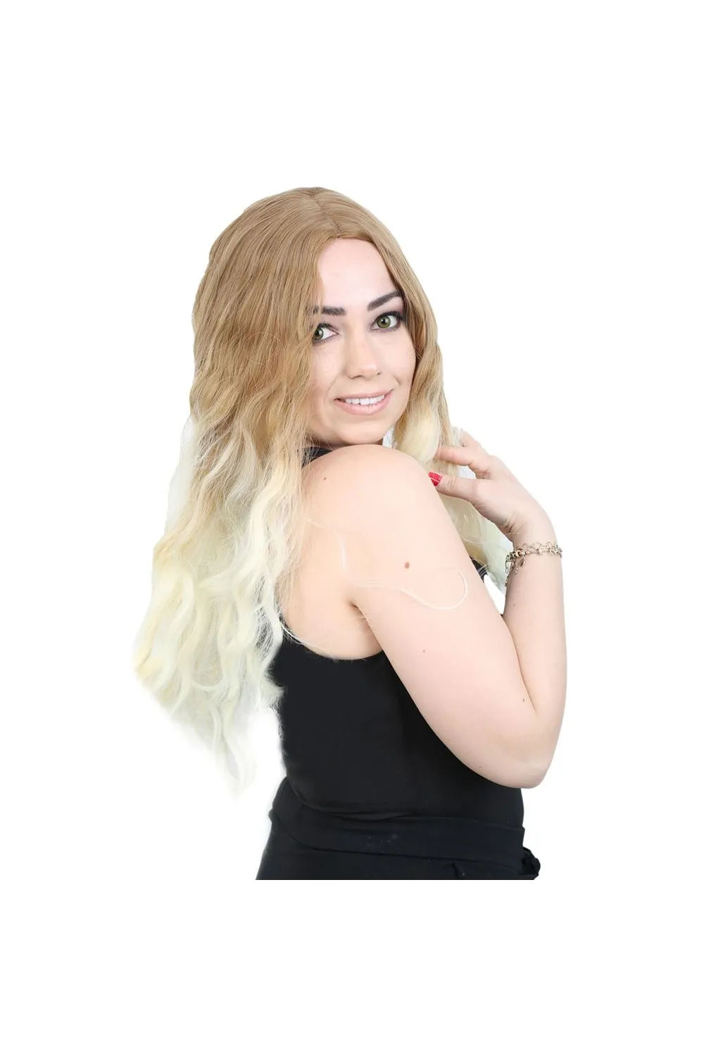 Su Dalgası Uzun Perçemsiz Fiber Sentetik Peruk - Balköpüğü / Platin Orta Ombreli