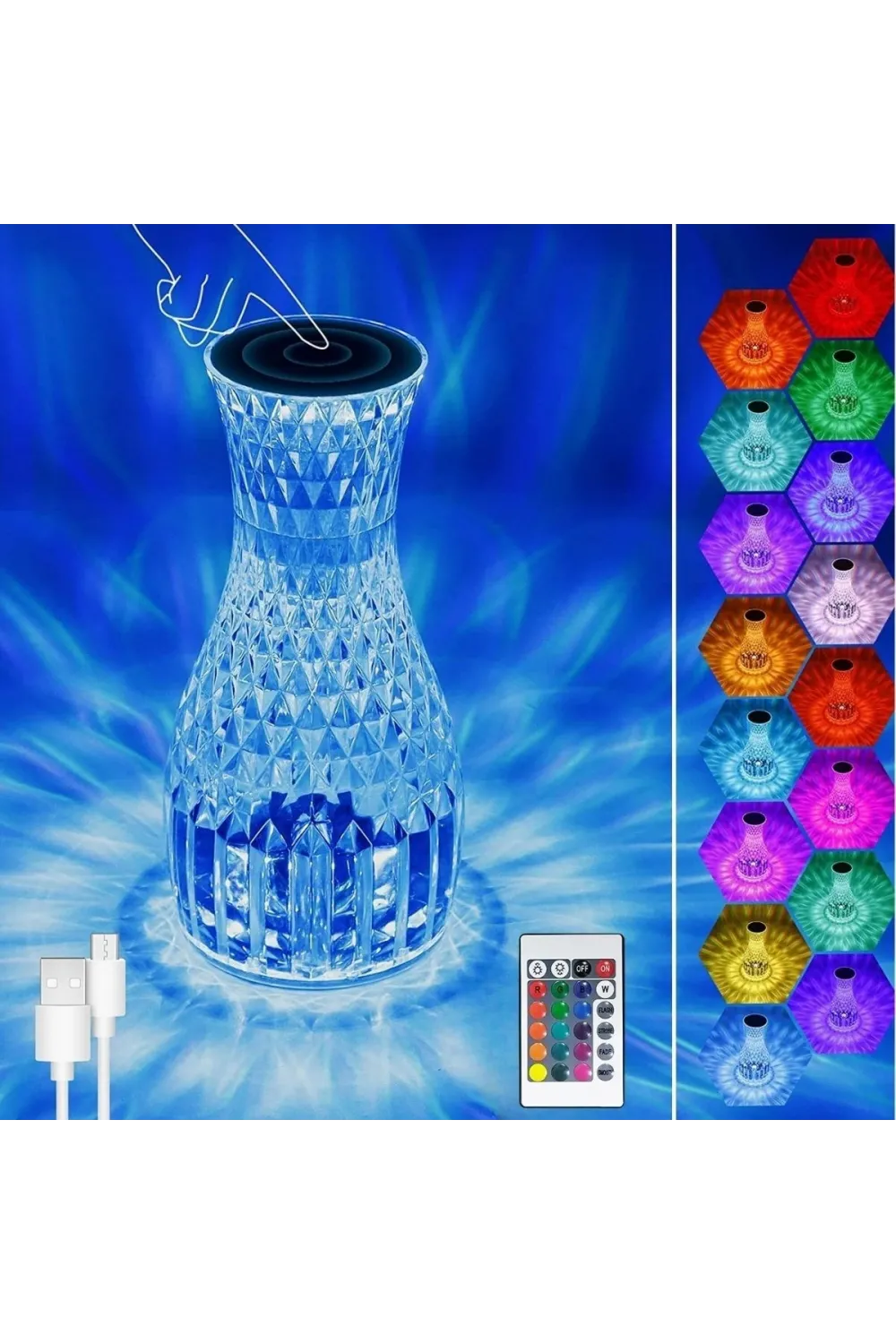 Sürahi Model USB Şarjlı Kumandalı 16 Farklı Işık Modlu Masa Üstü Kristal Akrilik Lamba Led