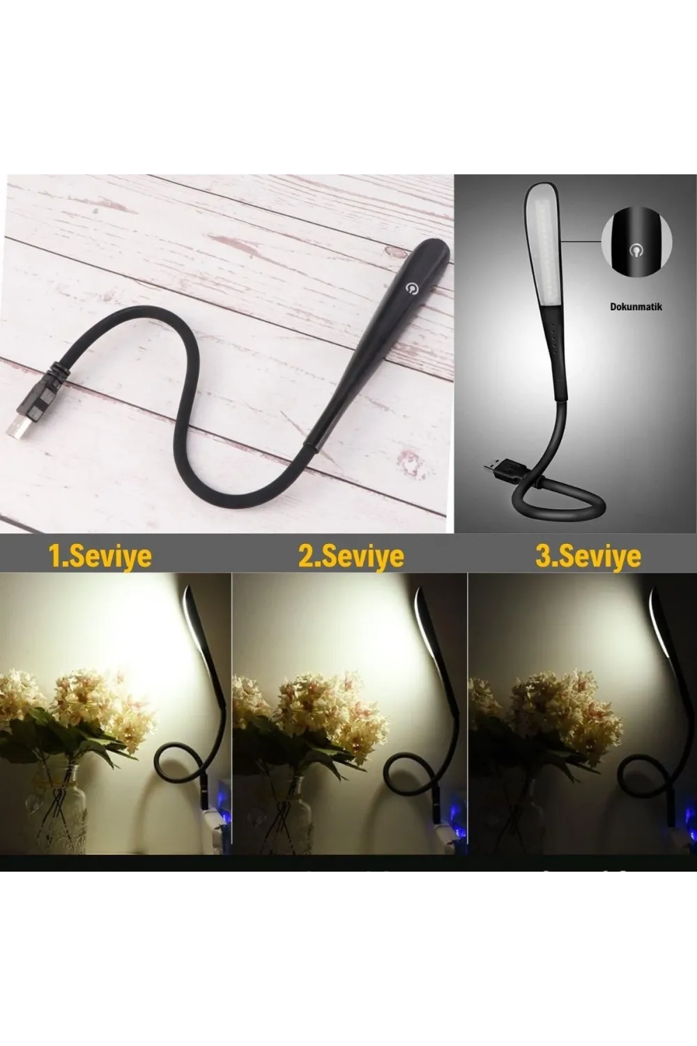 USB Girişli 14 Ledli 3 Kademeli Dokunmatik Masa/Kitap Okuma Lambası Ledi Siyah
