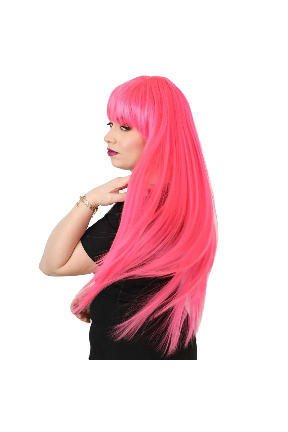 Uzun Kahküllü Fiber Sentetik Peruk - Neon Pembe