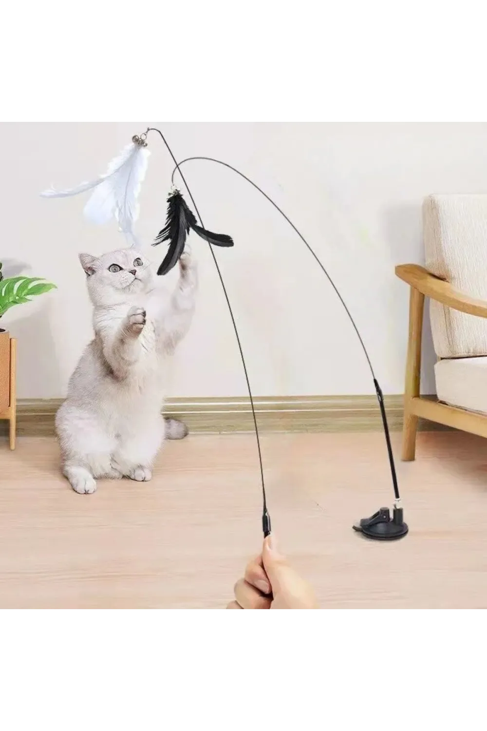 Vantuzlu Tüylü Zilli Olta Kedi Oyuncağı 2 Oltalı