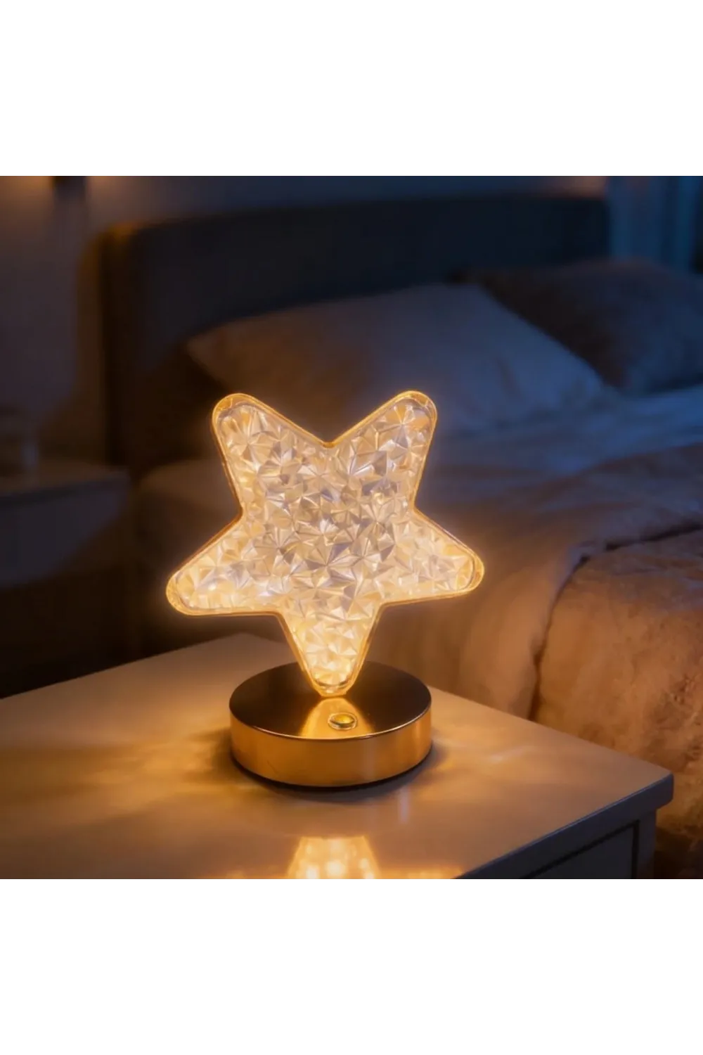 Yıldız Model Kristal LED Masa Lambası – Dokunmatik, 3 Renk Işık Modlu, Şarjlı Mini Dekoratif Gece Lambası