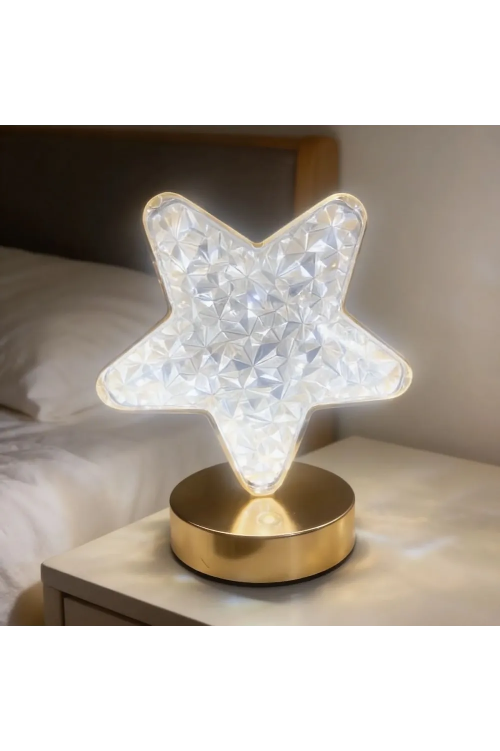 Yıldız Model Kristal LED Masa Lambası – Dokunmatik, 3 Renk Işık Modlu, Şarjlı Mini Dekoratif Gece Lambası