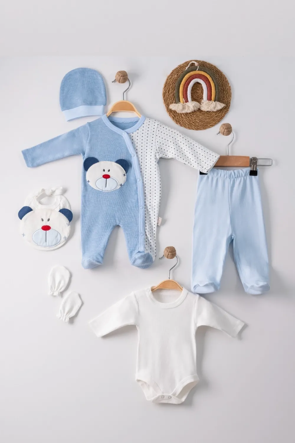 iegiyim™ Ayıcık Nakışlı Tulumlu % 100 Pamuk Erkek Bebek 5li Set