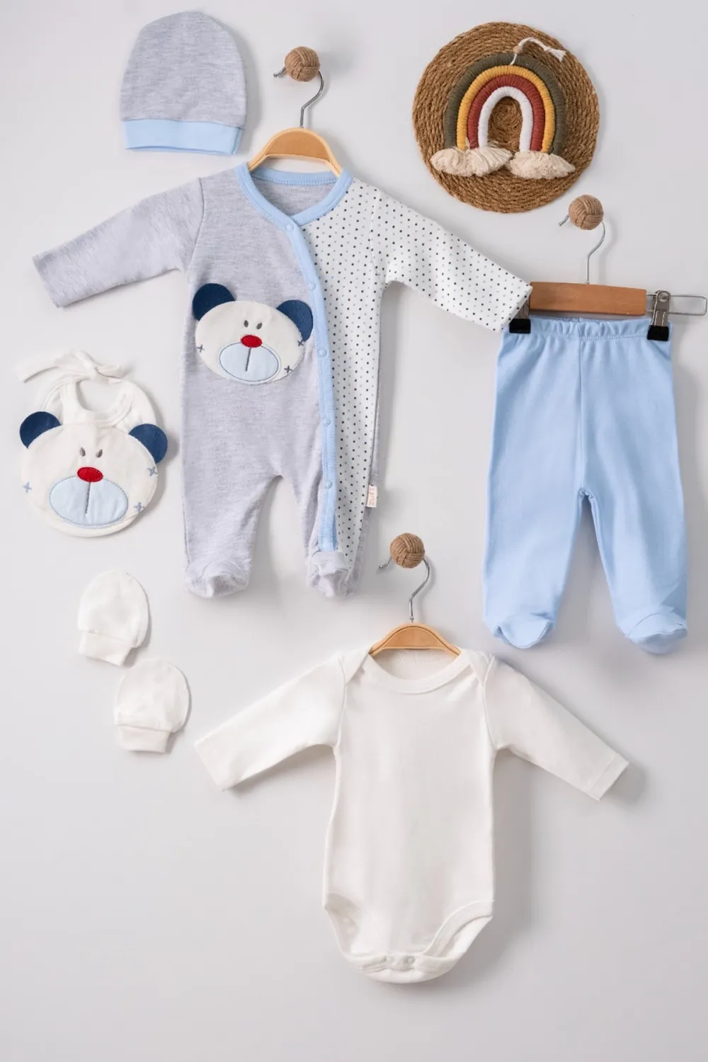 iegiyim™ Ayıcık Nakışlı Tulumlu % 100 Pamuk Erkek Bebek 5li Set