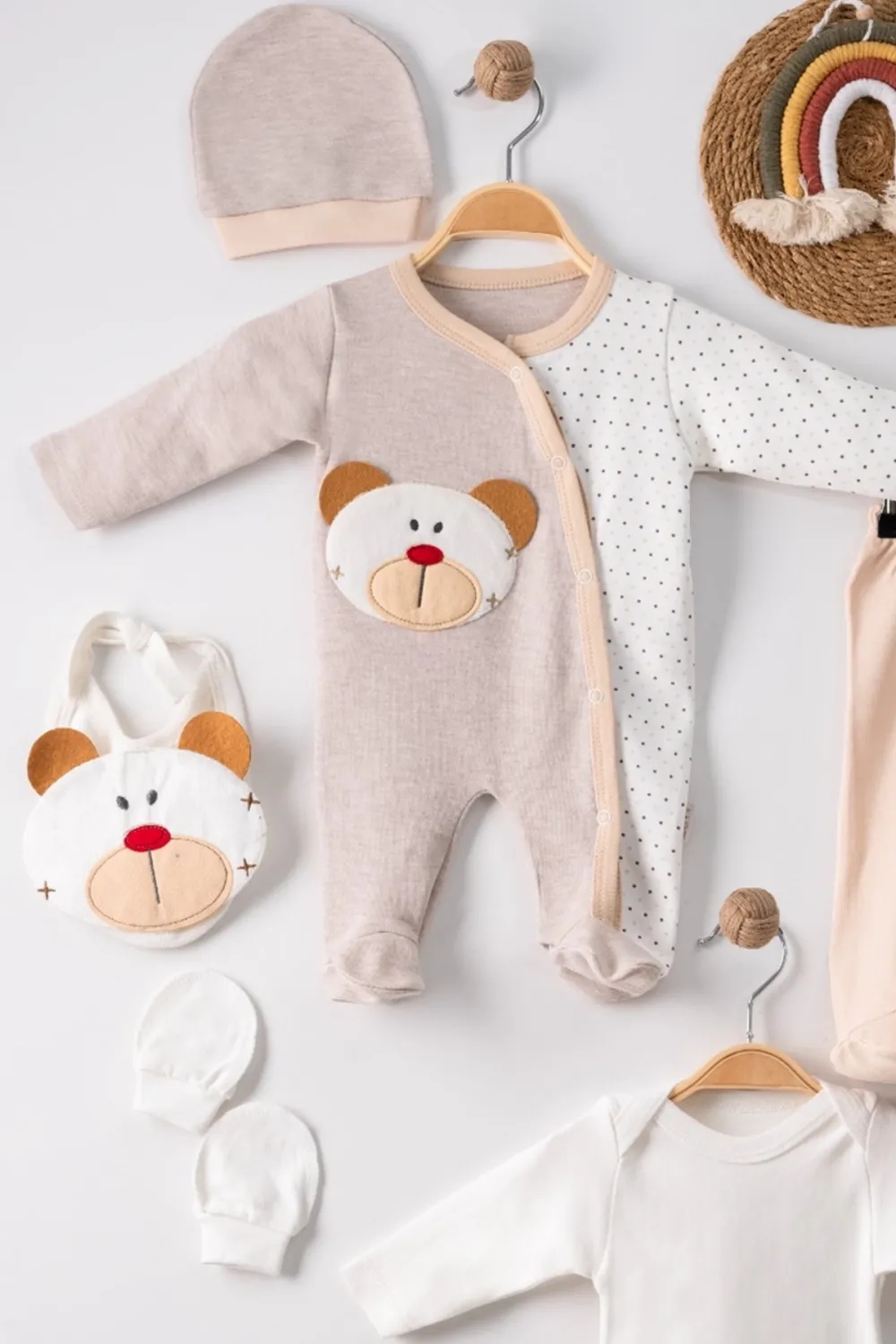 iegiyim™ Ayıcık Nakışlı Tulumlu % 100 Pamuk Erkek Bebek 5li Set