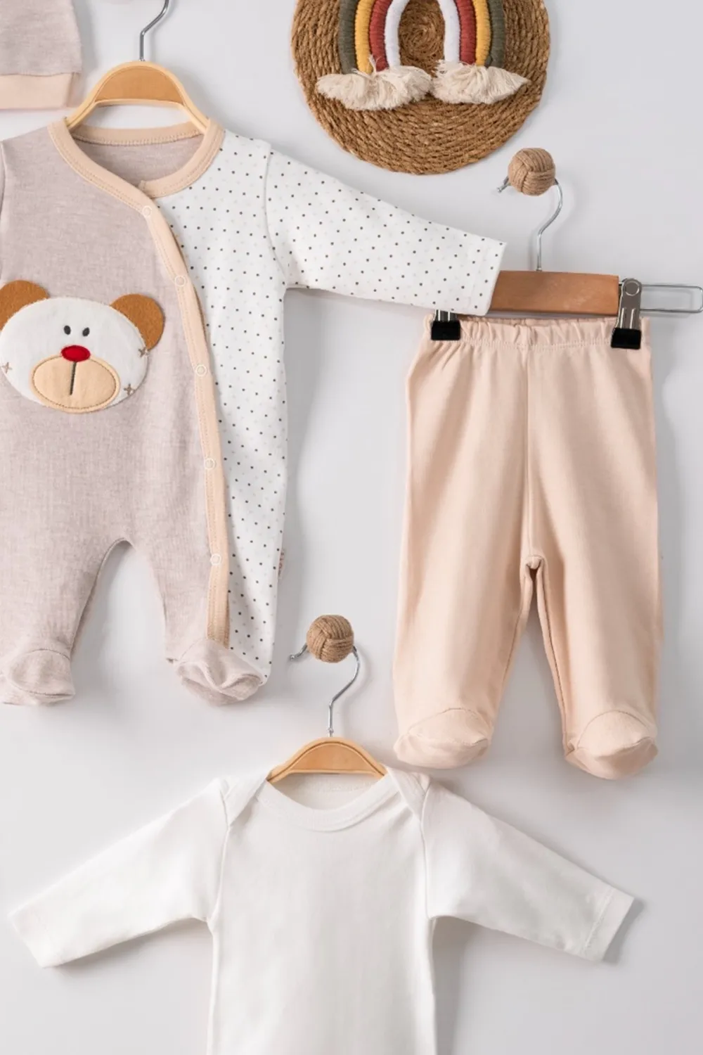 iegiyim™ Ayıcık Nakışlı Tulumlu % 100 Pamuk Erkek Bebek 5li Set