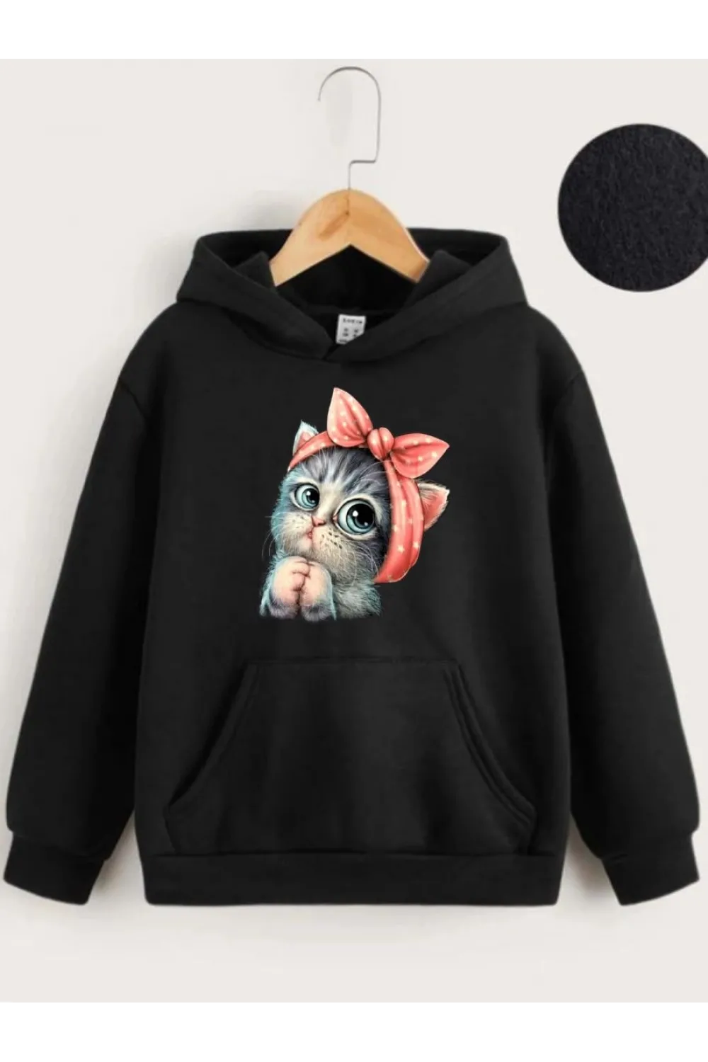 Çocuk Unisex Kapüşonlu Tatlı Kedi Baskılı Sweatshirt - Siyah