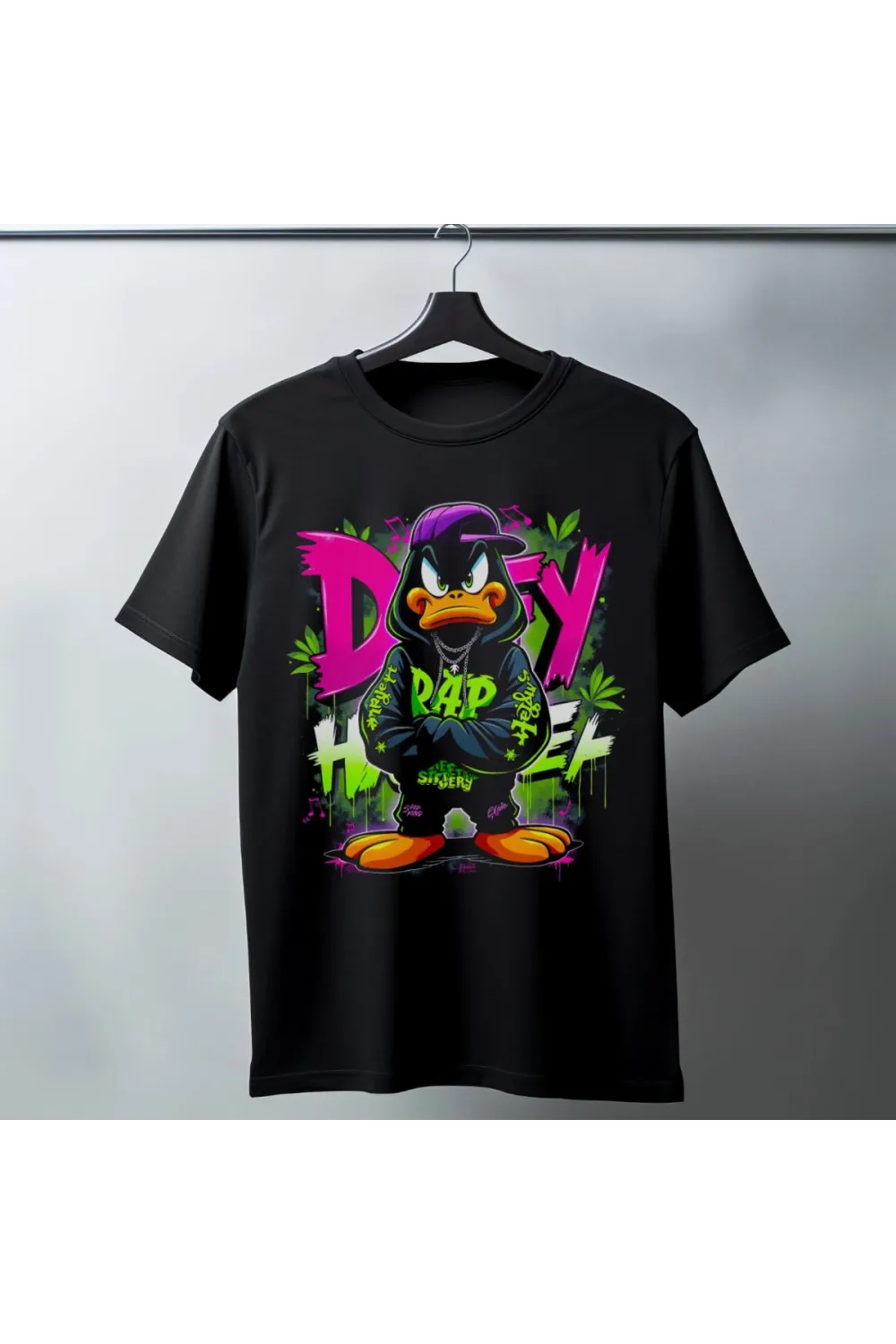 Daffy Duck Graffiti Baskılı Unisex Siyah Tişört - 24/1 Penye Pamuklu