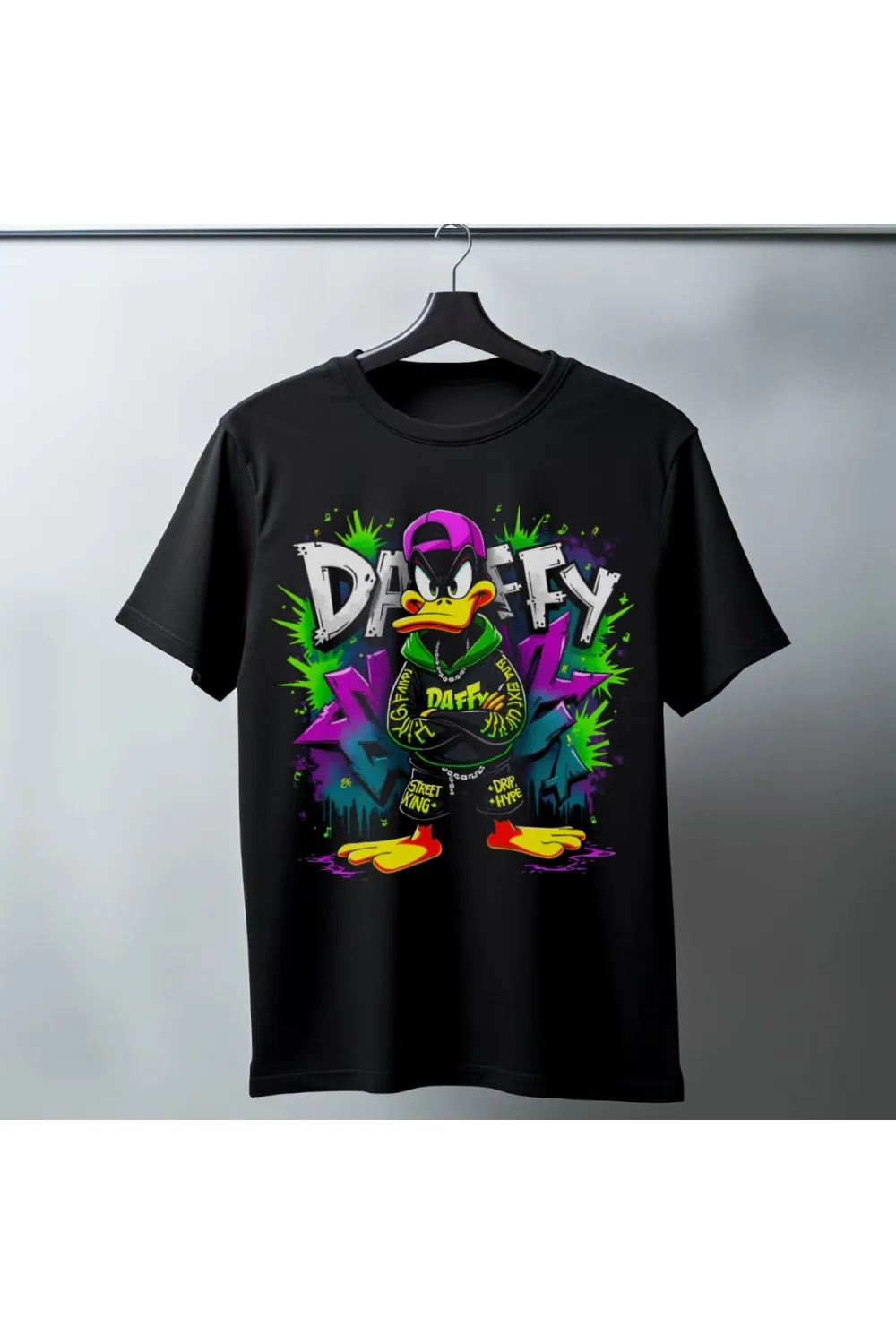 Daffy Duck Graffiti Baskılı Unisex Siyah Tişört - 24/1 Penye Pamuklu