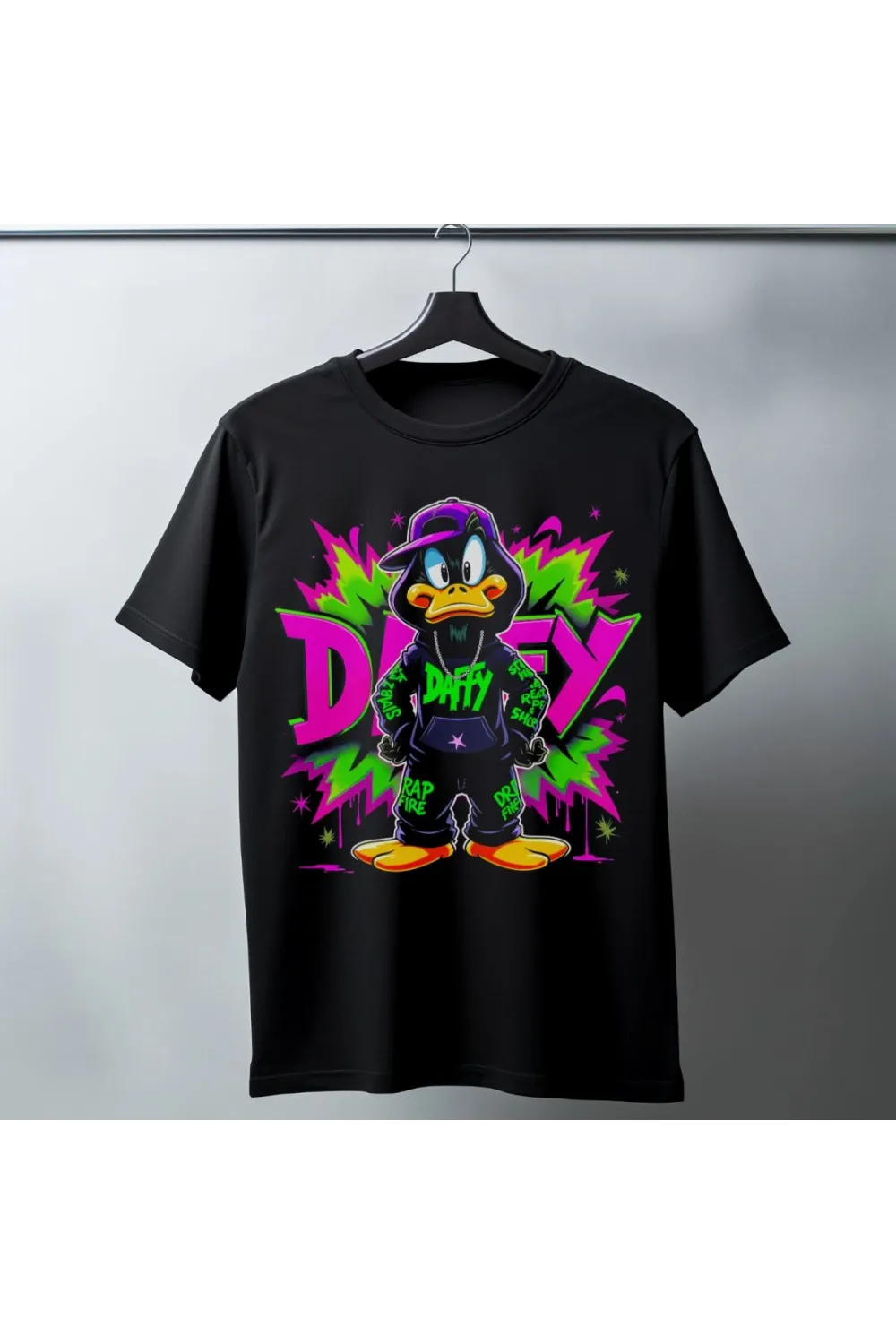 Daffy Duck Graffiti Baskılı Unisex Siyah Tişört - 24/1 Penye Pamuklu