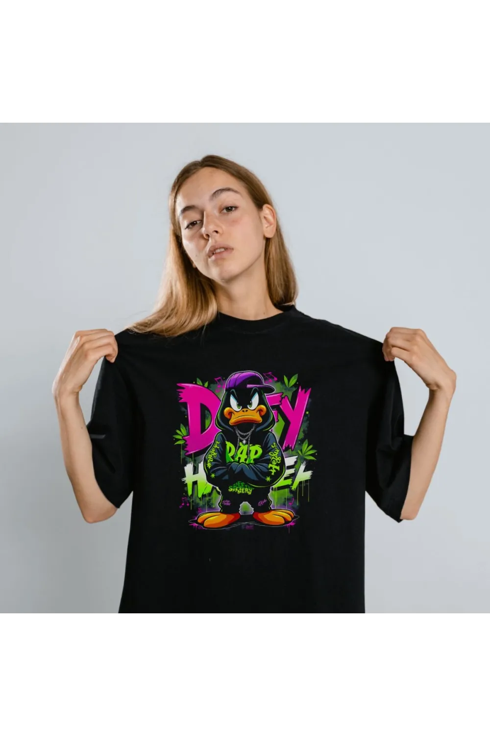 Daffy Duck Graffiti Baskılı Unisex Siyah Tişört - 24/1 Penye Pamuklu