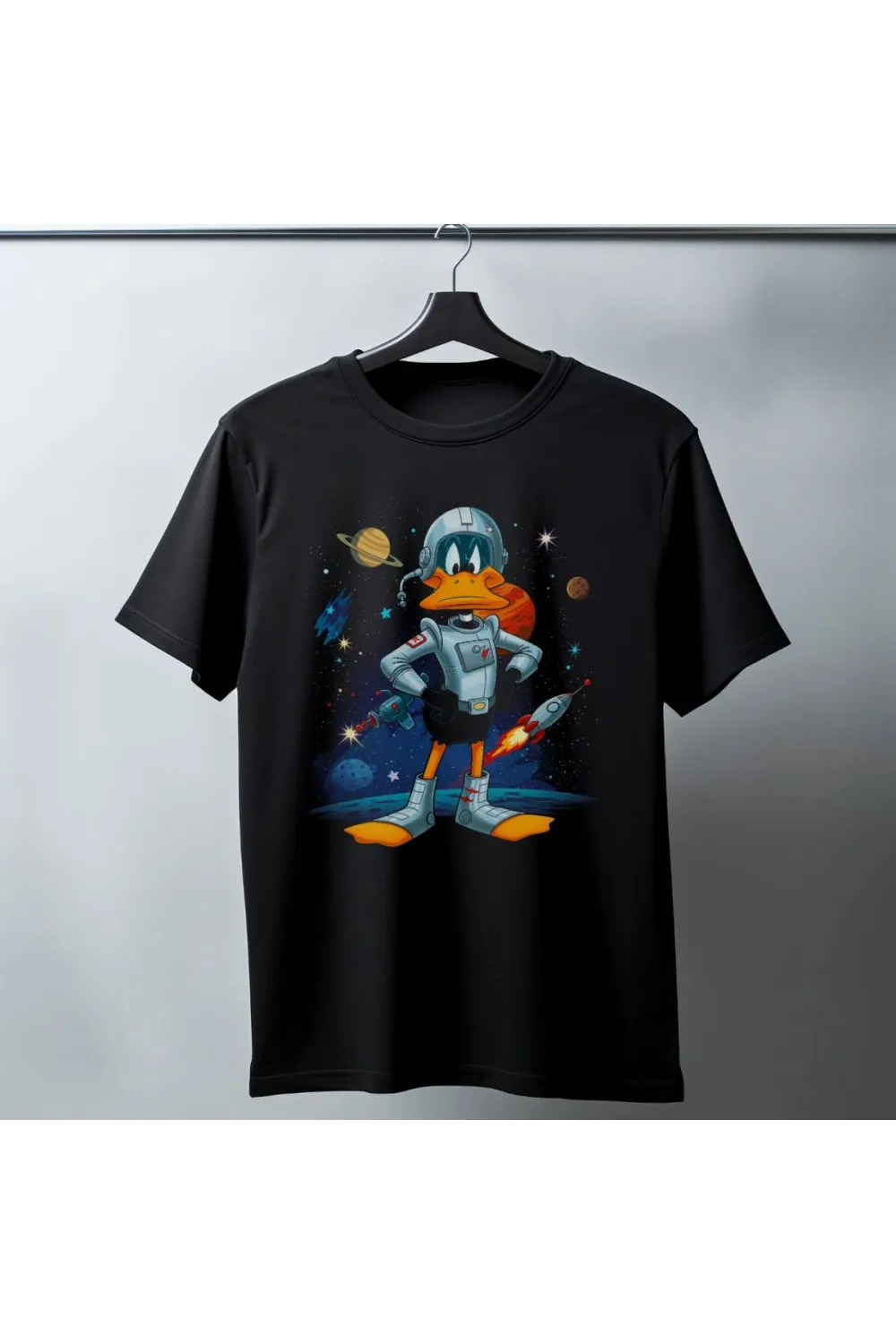 Duck Dodgers Uzay Baskılı Unisex Siyah Oversize Tişört - 24/1 Penye